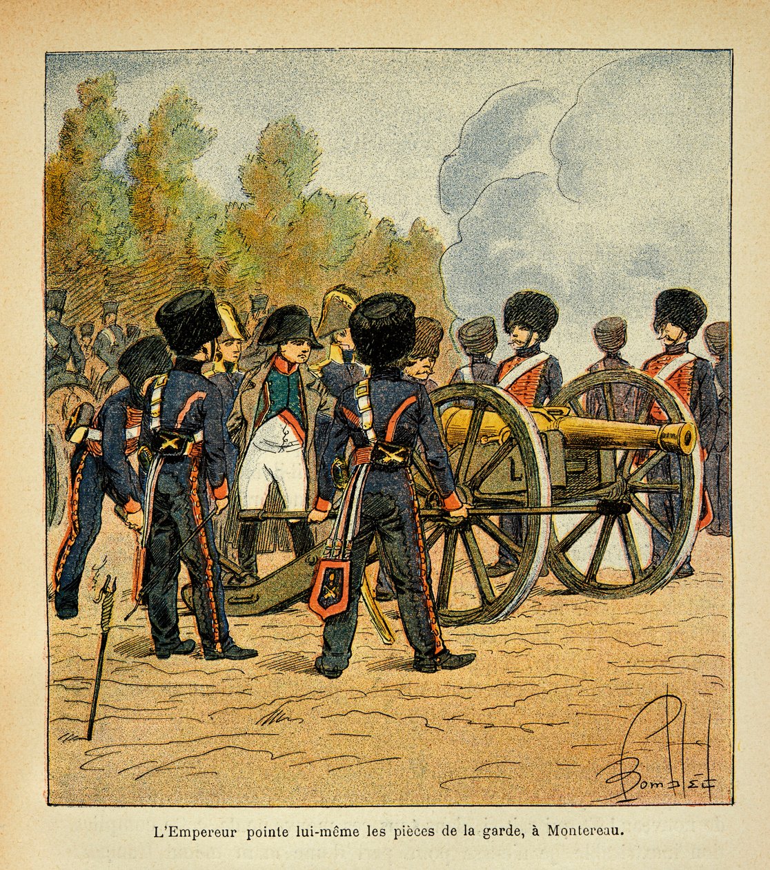 Ilustracja autorstwa Bombled Louis (1862-1927) z książki „Memoriał św. Heleny” hrabiego Emmanuela de Las Cases (1766-1842): sam cesarz Napoleon celuje z broni Gwardii w bitwie pod Montereau, kolekcja prywatna autorstwa Louis Charles Bombled