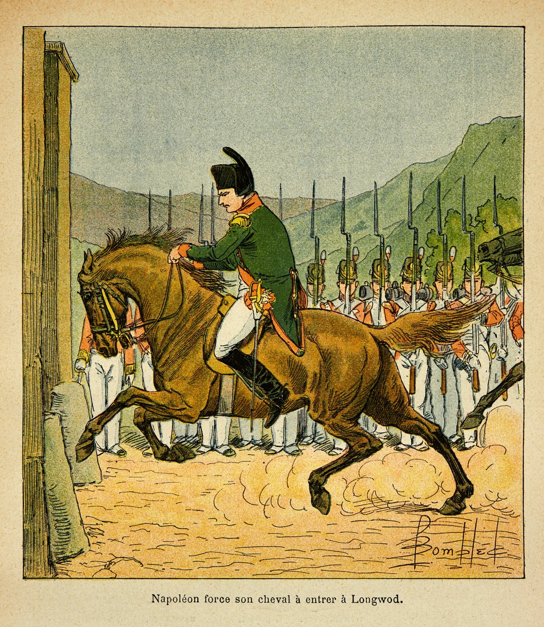 Ilustracja autorstwa Bombled Louisa (1862-1927) z książki „The Memorial of St. Helene” hrabiego Emmanuela de Las Cases (1766-1842): Cesarz Napoleon zmusza swojego konia do wjazdu do Longwood w St. Helene, kolekcja prywatna autorstwa Louis Charles Bombled