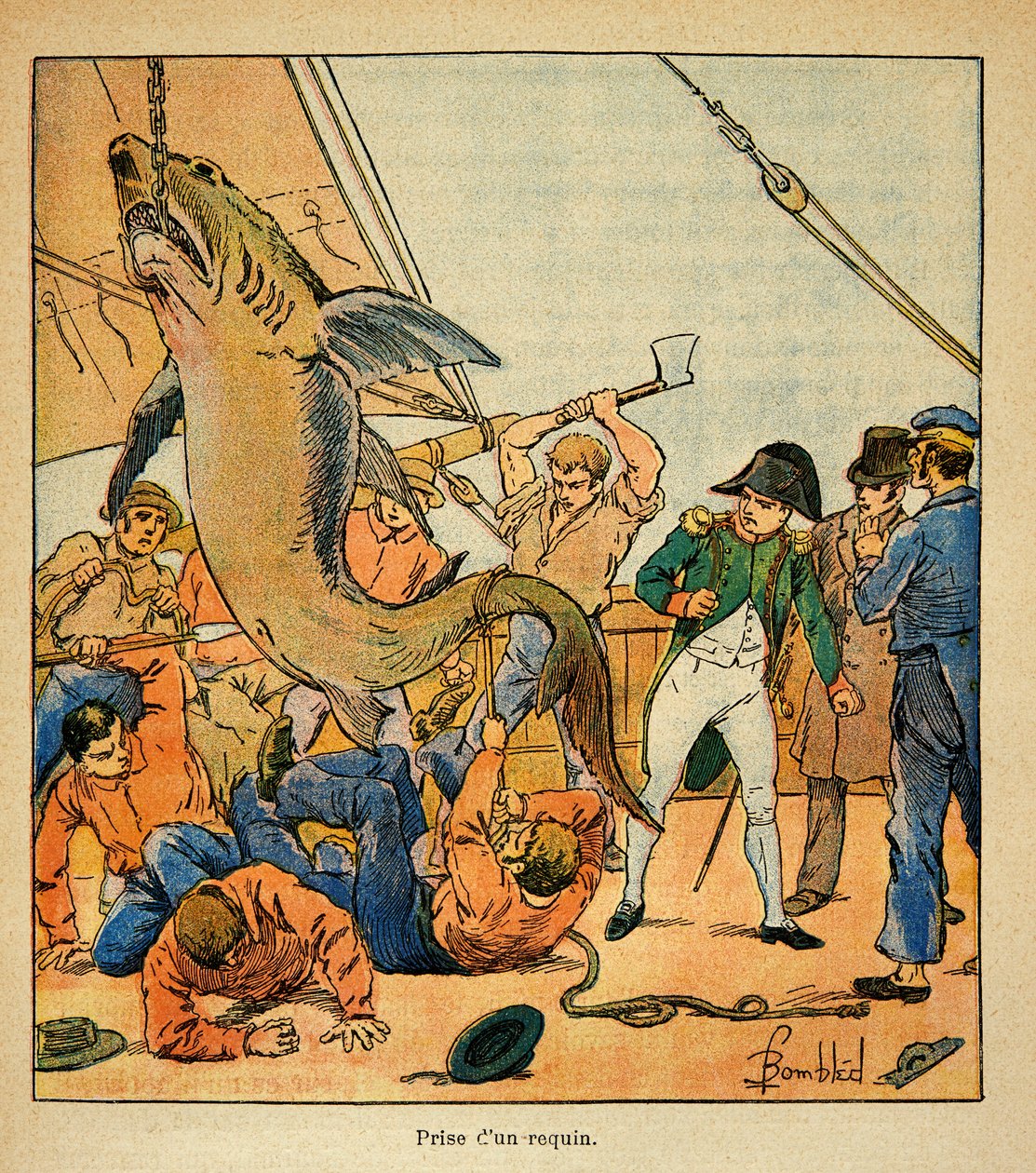 Ilustracja autorstwa Bombled Louis (1862-1927) z książki „Memoriał św. Heleny” hrabiego Emmanuela de Las Cases (1766-1842): Cesarz Napoleon uczestniczy w schwytaniu rekina na pokładzie Northumberland, kolekcja prywatna autorstwa Louis Charles Bombled