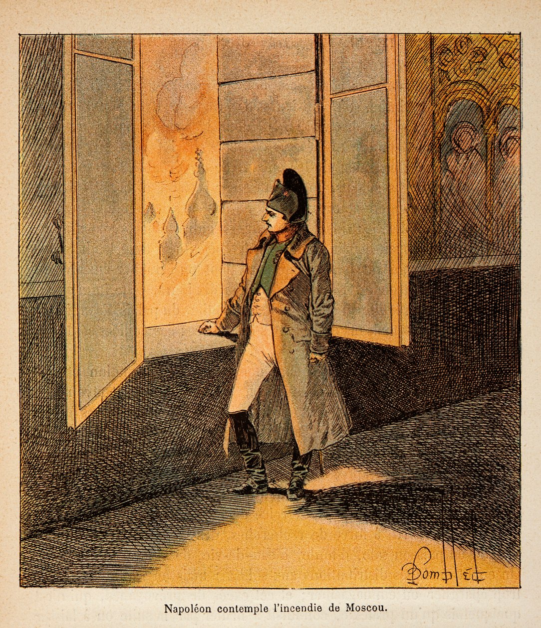 Ilustracja Bombled Louis (1862-1927) z książki „Pomnik św. Heleny” hrabiego Emmanuela de Las Cases (1766-1842): Cesarz Napoleon kontempluje pożar Moskwy we wrześniu 1812 r., zbiory prywatne autorstwa Louis Charles Bombled