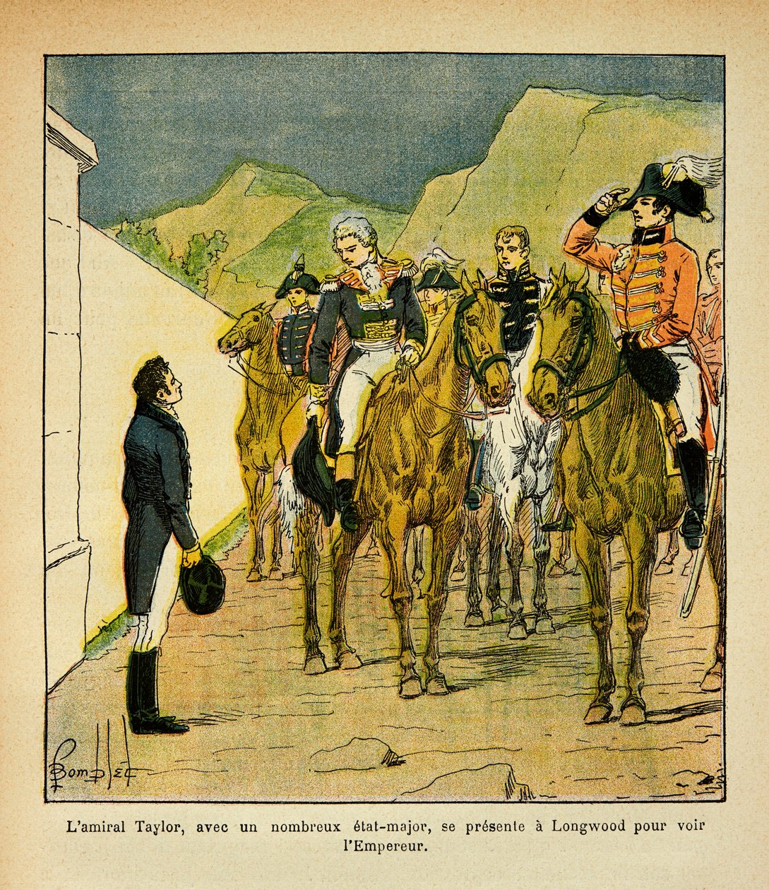 Ilustracja autorstwa Bombled Louisa (1862-1927) z książki „The Memorial of St. Helene” hrabiego Emmanuela de Las Cases (1766-1842): Admirał Taylor ze sztabem generalnym przedstawia się w Longwood na spotkanie z cesarzem Napoleonem, kolekcja prywatna autorstwa Louis Charles Bombled