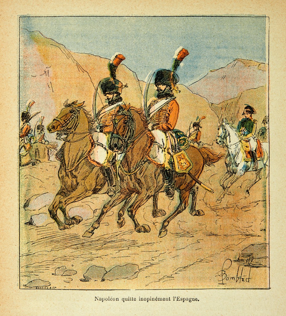 Ilustracja Bombled Louis (1862-1927) z książki „Memoriał św. Heleny” hrabiego Emmanuela de Las Cases (1766-1842): Cesarz Napoleon pilnie opuszcza Hiszpanię autorstwa Louis Charles Bombled