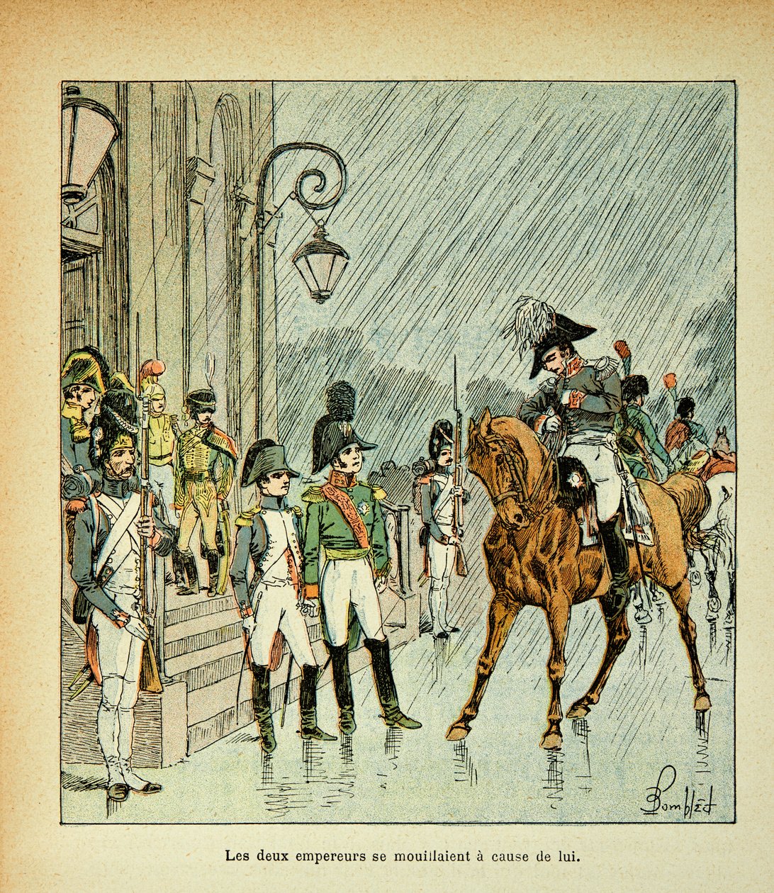 Ilustracja Bombled Louis (1862-1927) z książki „Memoriał św. Heleny” hrabiego Emmanuela de Las Cases (1766-1842): Cesarz Napoleon, król pruski i car Aleksander I (1777-1825) w Tilsitt Traktat z 1807 r., Kolekcja prywatna autorstwa Louis Charles Bombled
