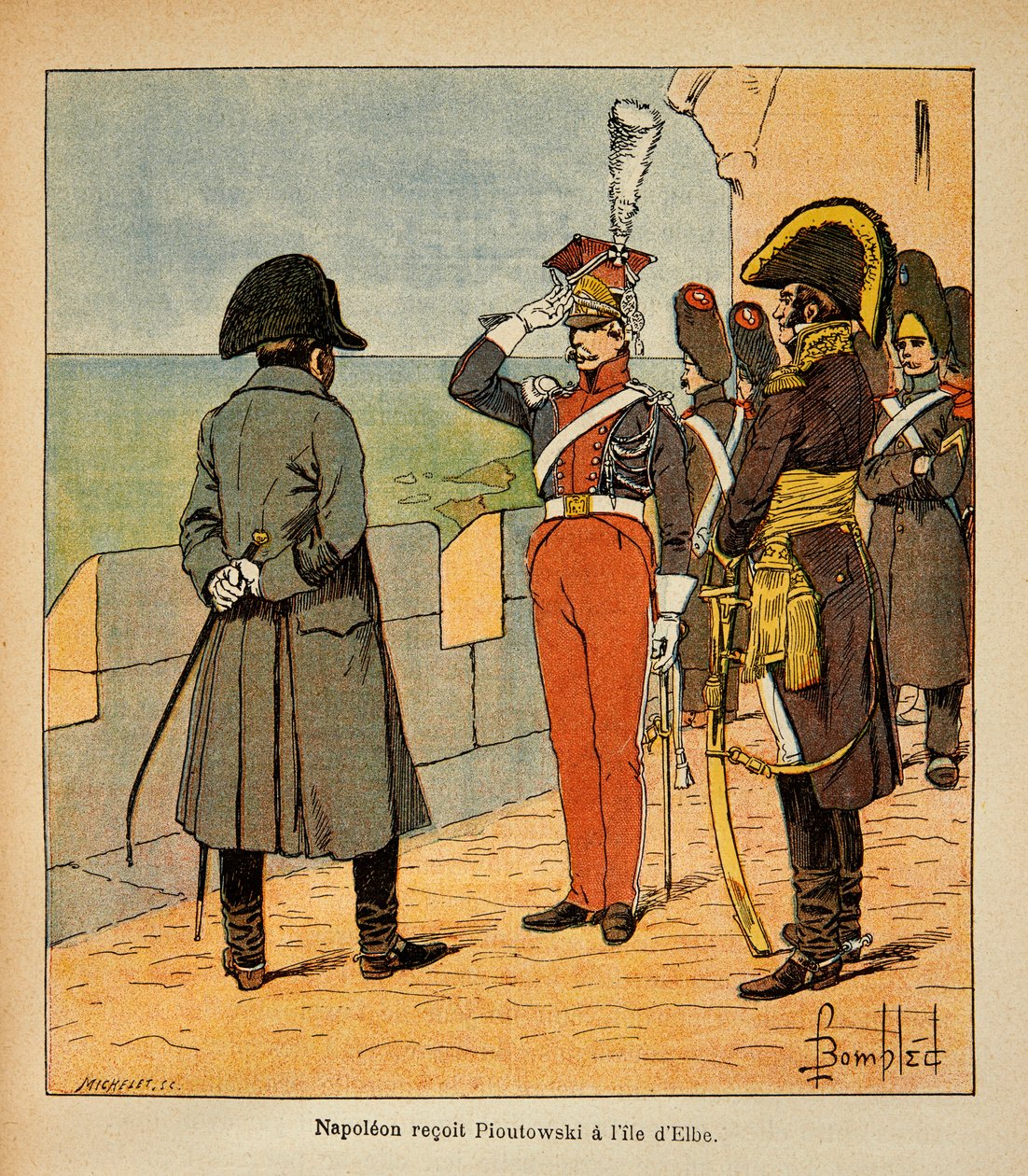 Ilustracja Bombled Louis (1862-1927) z książki „Pomnik św. Heleny” hrabiego Emmanuela de Las Cases (1766-1842): Cesarz Napoleon odbiera Marechala Poniatowskiego na wyspie Elba, zbiory prywatne autorstwa Louis Charles Bombled