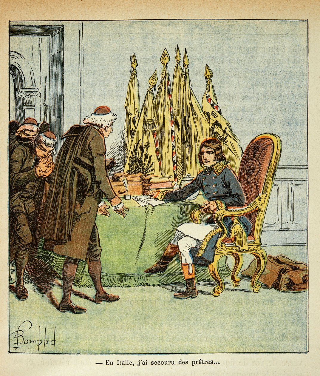 Ilustracja autorstwa Bombleda Louisa (1862-1927) z książki "The memorial se Sainte Helene" autorstwa hrabiego Emmanuela de Las Cases (1766-1842): Podczas kampanii włoskiej Bonaparte ratuje księży, Kolekcja prywatna autorstwa Louis Charles Bombled