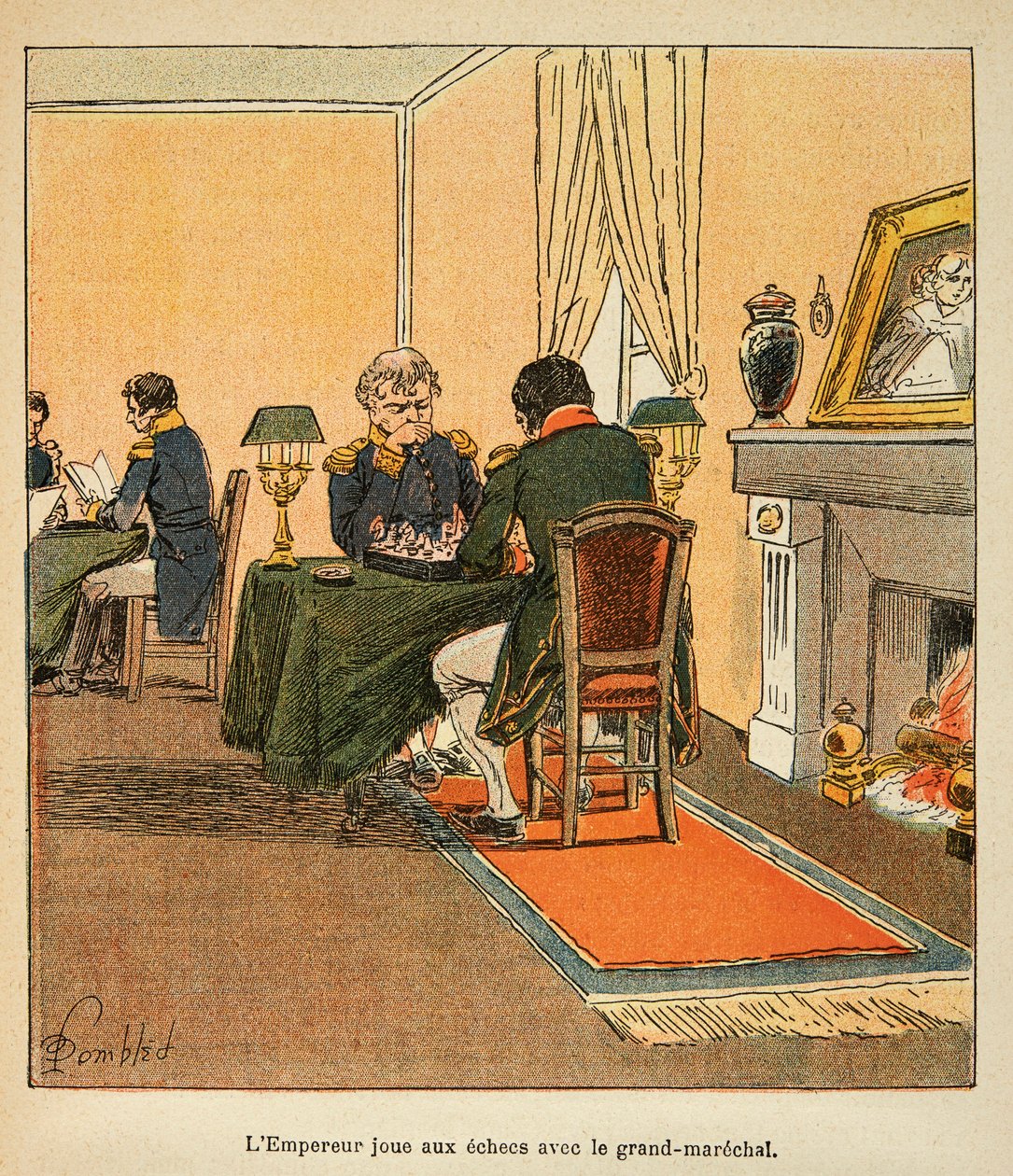 Ilustracja zbombardowanego Louisa (1862-1927) z książki „Memoriał św. Heleny” hrabiego Emmanuela de Las Cases (1766-1842): Napoleon i Wielki Marechal Henri Gatien Bertrand (1773-1844) grający w szachy w sierpniu 1816 w Ste Helene, kolekcja prywatna autorstwa Louis Charles Bombled