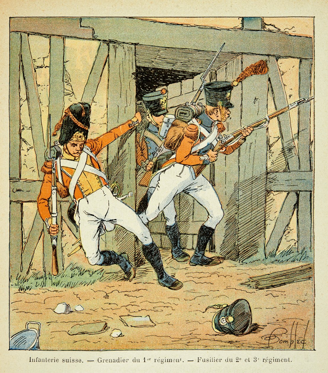 Ilustracja zbombardowanego Ludwika (1862-1927) z książki „Memoriał św. Heleny” hrabiego Emmanuela de Las Przypadki (1766-1842): Piechota szwajcarska: Grenadier 1. pułku i fizylier 2., 3. i 3. pułku, Prywatna kolekcja autorstwa Louis Charles Bombled