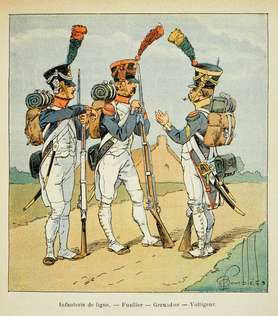 Ilustracja zbombardowanego Ludwika (1862-1927) z książki „Memoriał św. Heleny” hrabiego Emmanuela de Las Przypadki (1766-1842): Armee Francaise: Piechota liniowa: fizylier, grenadier i woltyger, zbiory prywatne autorstwa Louis Charles Bombled
