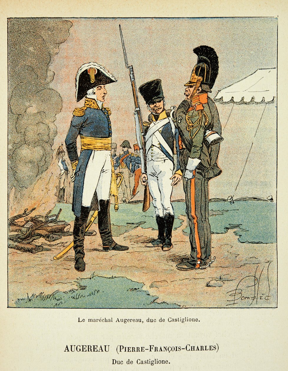 Ilustracja zbombardowanego Louisa (1862-1927) z książki „Memoriał św. Heleny” hrabiego Emmanuela de Las Cases (1766-1842): Le marechal Pierre Augereau (1757-1816), książę Castiglione, kolekcja prywatna autorstwa Louis Charles Bombled