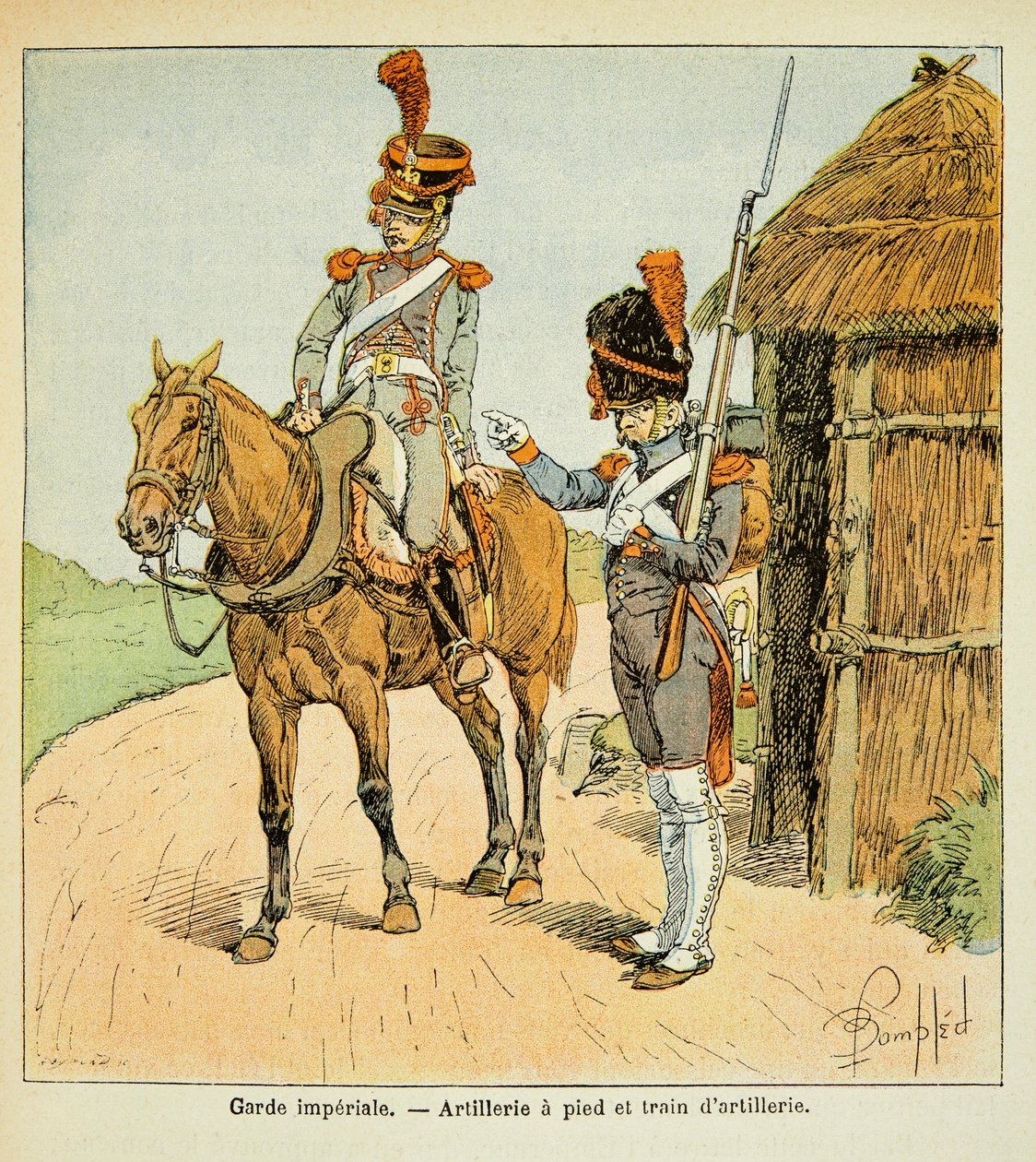 Ilustracja zbombardowanego Louisa (1862-1927) z książki „Memoriał św. Heleny” hrabiego Emmanuela de Las Cases (1766-1842): Gwardia cesarska: artyleria pieszo i pociąg artyleryjski, kolekcja prywatna autorstwa Louis Charles Bombled