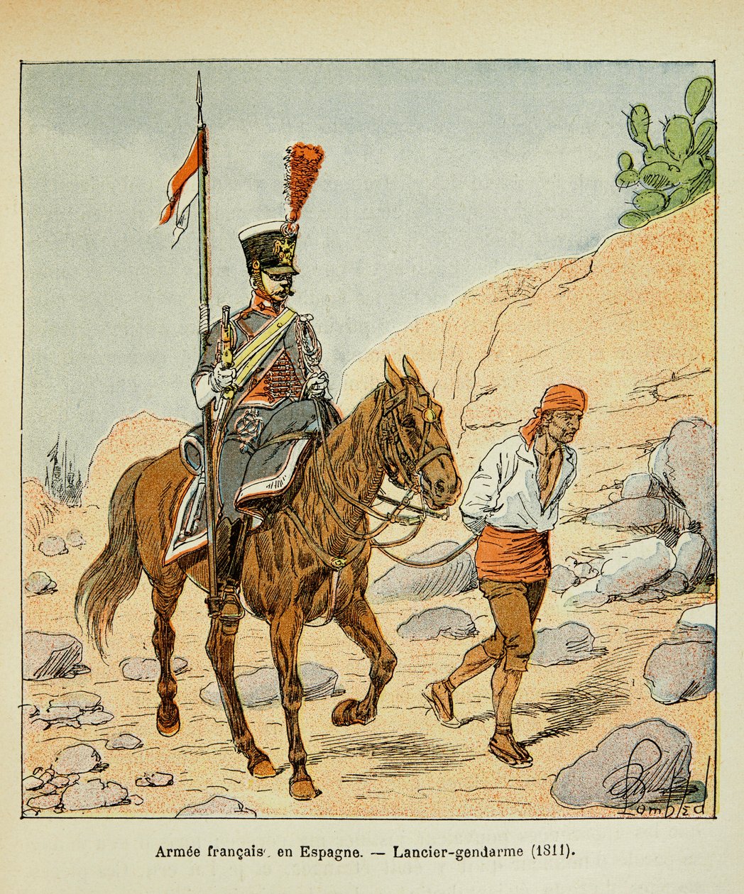 Ilustracja zbombardowanego Louisa (1862-1927) z książki „Memoriał św. Heleny” hrabiego Emmanuela de Las Cases (1766-1842): French Armee in Spain: Lancier gendarme 1811, kolekcja prywatna autorstwa Louis Charles Bombled