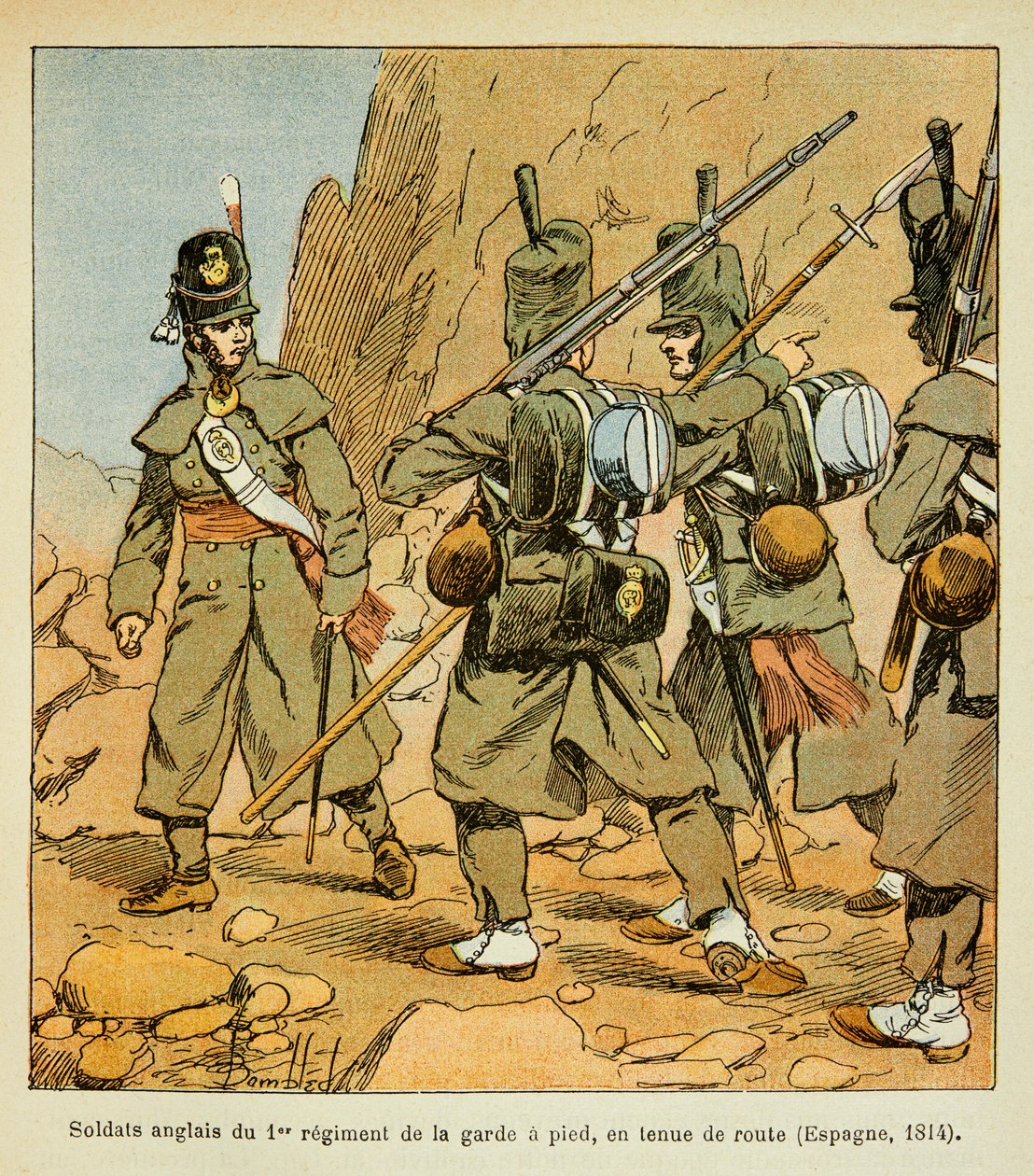 Ilustracja zbombardowanego Ludwika (1862-1927) z książki „Memoriał św. Heleny” hrabiego Emmanuela de Las Cases (1766-1842): Angielscy żołnierze 1. Pułku Gwardii na stoisku drogowym (Hiszpania 1814), zbiory prywatne autorstwa Louis Charles Bombled