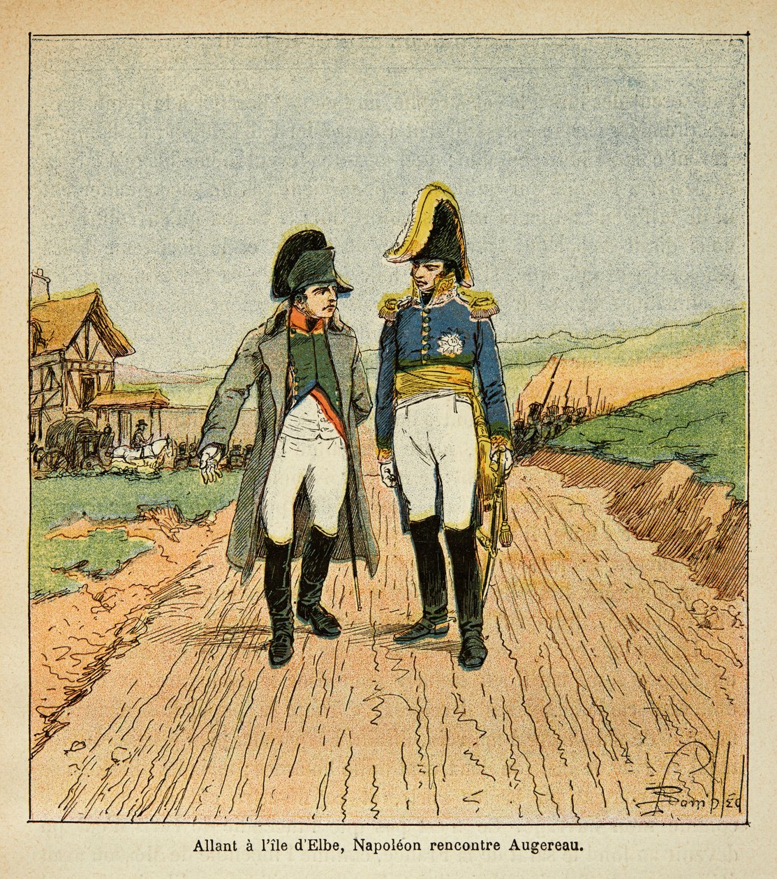 Ilustracja zbombardowanego Louisa (1862-1927) z książki „Memoriał św. Heleny” hrabiego Emmanuela de Las Cases (1766-1842): W drodze na wyspę Elba Napoleon spotyka Augereau, kolekcja prywatna autorstwa Louis Charles Bombled