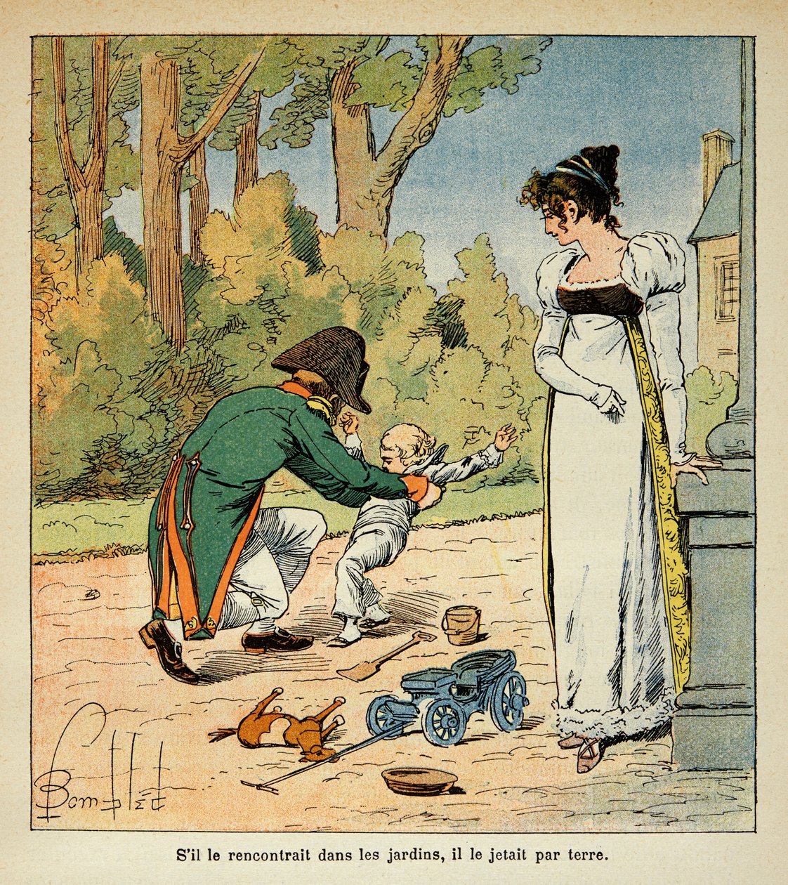 Ilustracja zbombardowanego Louisa (1862-1927) z książki „Memoriał św. Heleny” hrabiego Emmanuela de Las Cases (1766-1842): Napoleon bawiący się z synem w obecności Marie Louise, kolekcja prywatna autorstwa Louis Charles Bombled