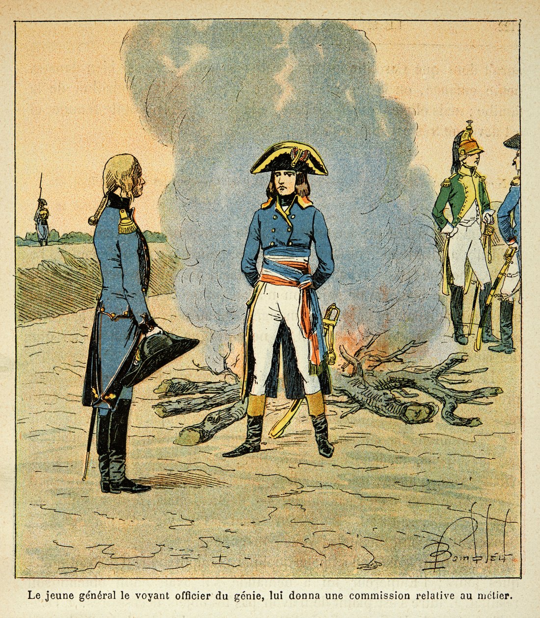 Ilustracja zbombardowanego Louisa (1862-1927) z książki „Memoriał św. Heleny” hrabiego Emmanuela de Las Cases (1766-1842): pierwsze spotkanie Bonapartego z marszałkiem Henri Gatien Bertrand (1773-1844), a następnie oficerem dżina w armii Włoch autorstwa Louis Charles Bombled