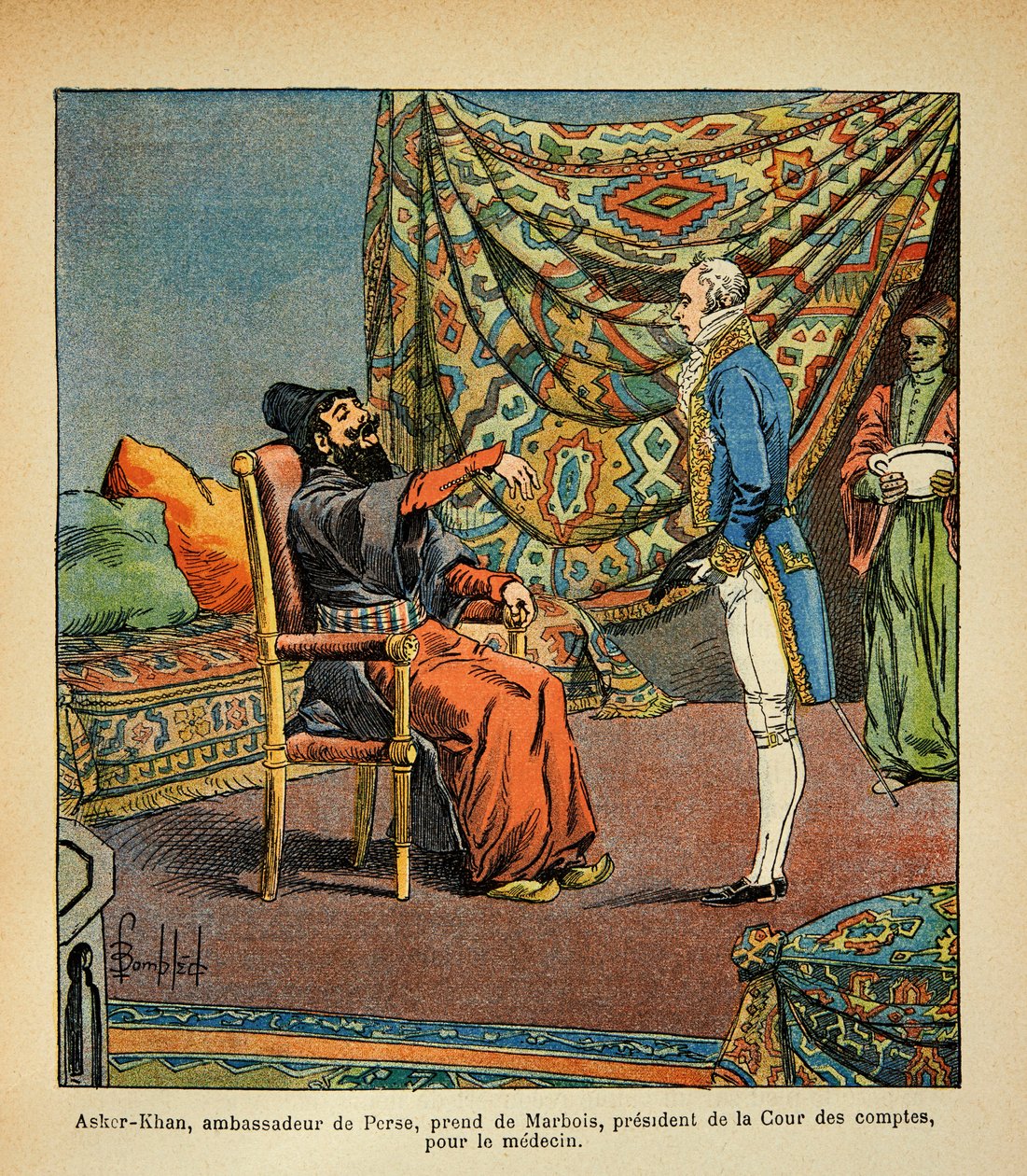 Zbombardowany Louis (1862-1927) przez Francois Barbe-Marbois, perskiego ambasadora Asker-Khan podczas wizyty w Paryżu (Beard Marbois) (1745-1837), prezydent autorstwa Louis Charles Bombled