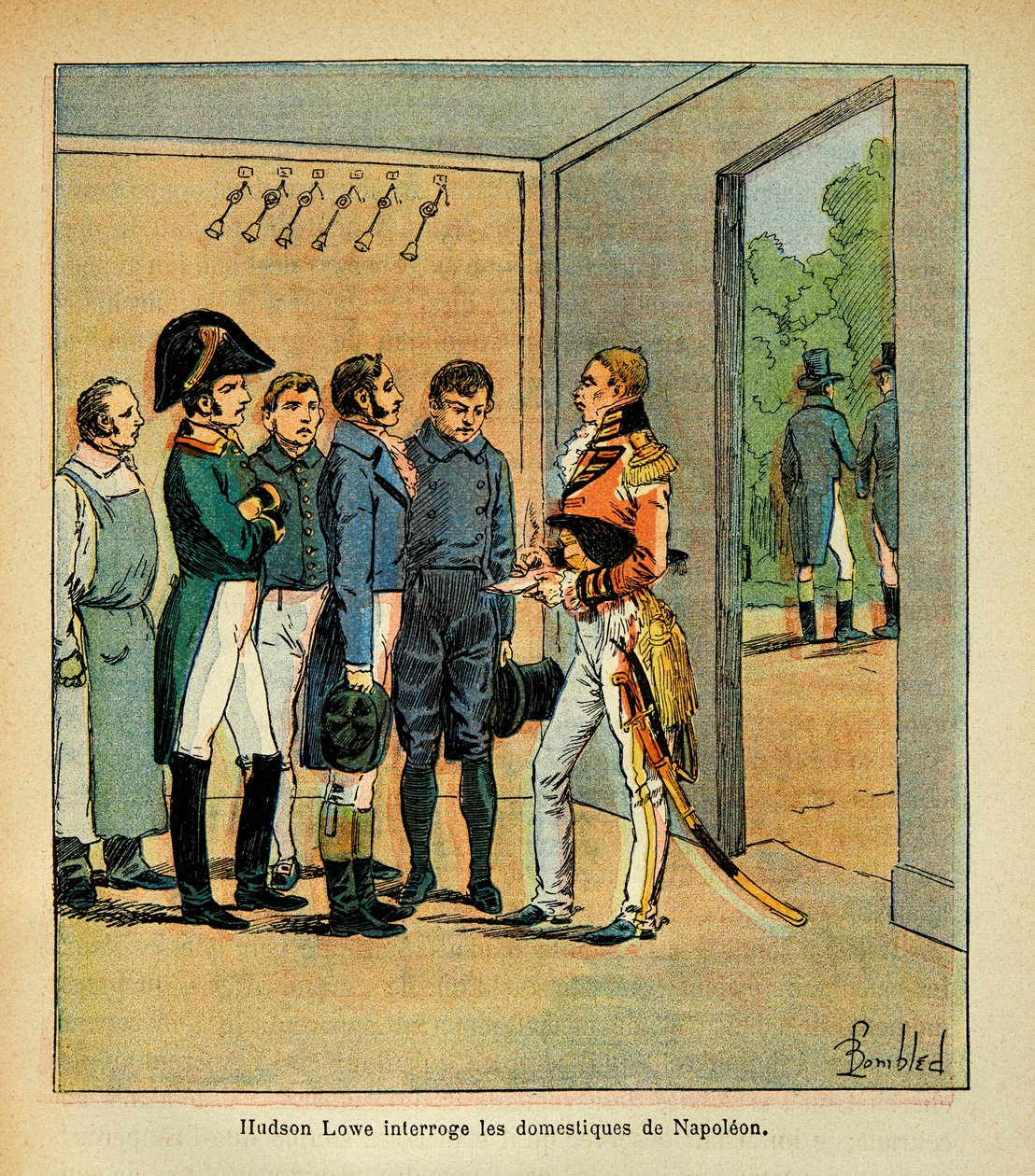 Ilustracja zbombardowanego Louisa (1862-1927) z książki „Memoriał św. Heleny” hrabiego Emmanuela de Las Cases (1766-1842): Gubernator Hudson Lowe (1769-1844) przesłuchuje sługi cesarza Napoleona, kolekcja prywatna autorstwa Louis Charles Bombled
