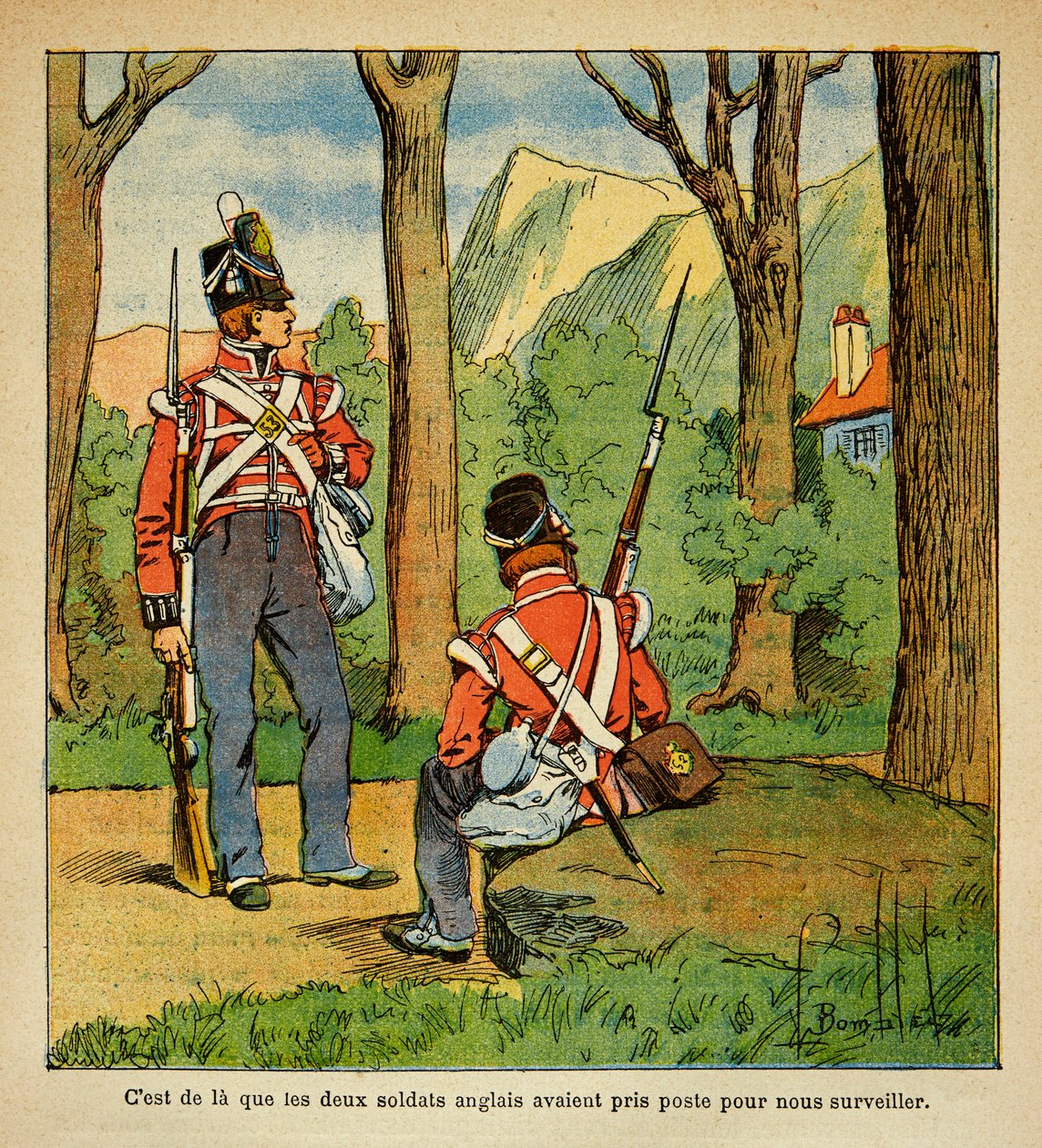 Ilustracja zbombardowanego Ludwika (1862-1927) z książki „Memoriał św. Heleny” hrabiego Emmanuela de Las Cases (1766-1842): Angielscy żołnierze odpowiedzialni za nadzór nad cesarzem Napoleonem na św. Helenie, kolekcja prywatna autorstwa Louis Charles Bombled