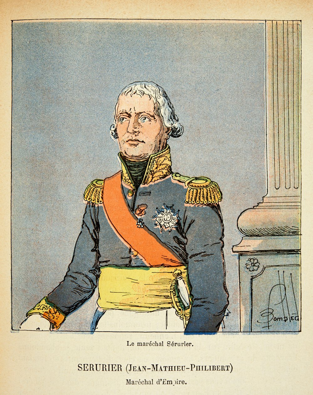 Ilustracja zbombardowanego Louisa (1862-1927) z książki „Memoriał św. Heleny” hrabiego Emmanuela de Las Cases (1766-1842): Portret marszałka Jeana Mathieu Philiberta Seruriera (1742-1819), kolekcja prywatna autorstwa Louis Charles Bombled