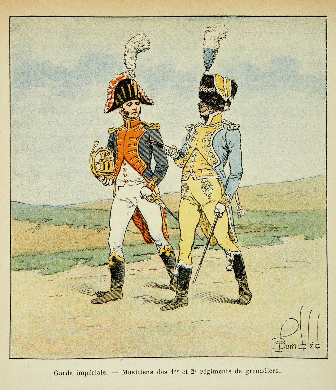 Ilustracja zbombardowanego Ludwika (1862-1927) z książki „Memoriał św. Heleny” hrabiego Emmanuela de Las Przypadki (1766-1842): Gwardia cesarska: Muzycy 1 i 2 pułków grenadierów, kolekcja prywatna autorstwa Louis Charles Bombled
