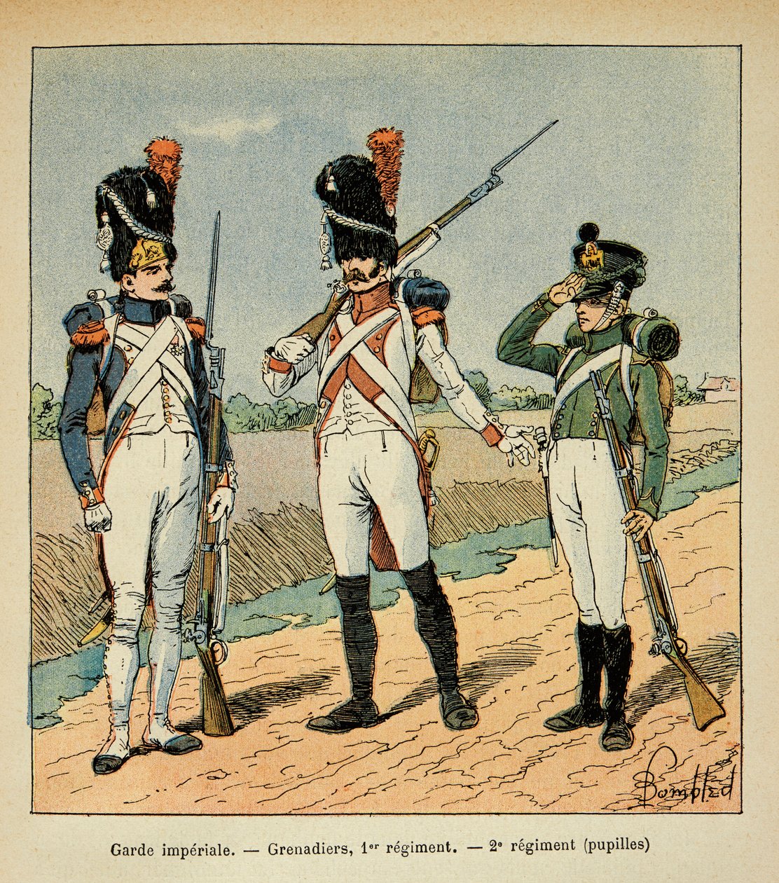 Ilustracja zbombardowanego Louisa (1862-1927) z książki „Memoriał św. Heleny” hrabiego Emmanuela de Las Cases (1766-1842): Garde Imperiale; Grenadier 1 pułku; uczniowie 2 pułku, kolekcja prywatna autorstwa Louis Charles Bombled
