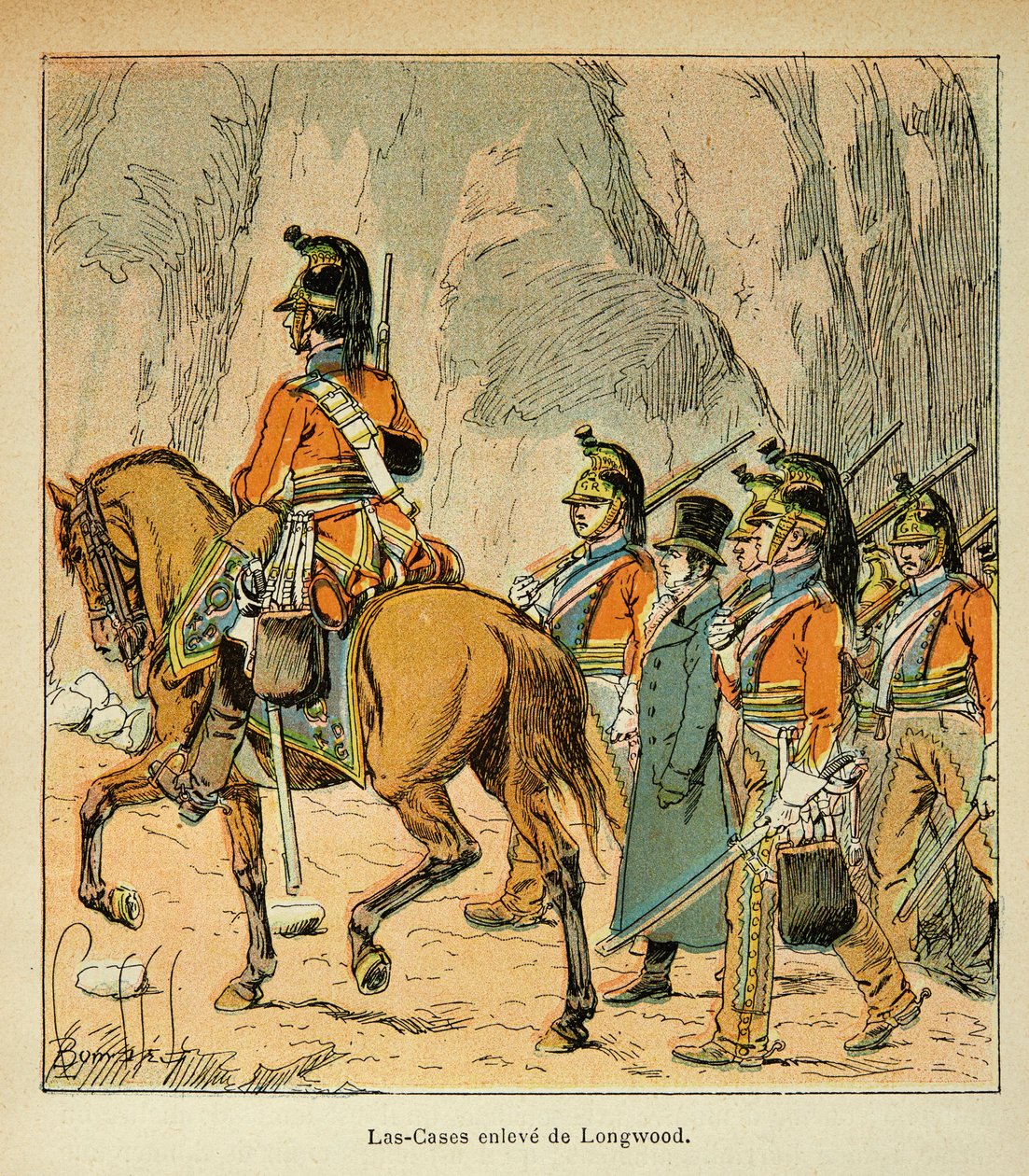 Ilustracja zbombardowanego Louisa (1862-1927) z książki „Memoriał św. Heleny” hrabiego Emmanuela de Las Cases (1766-1842): Las Cases arete na zlecenie Hudsona Lowe