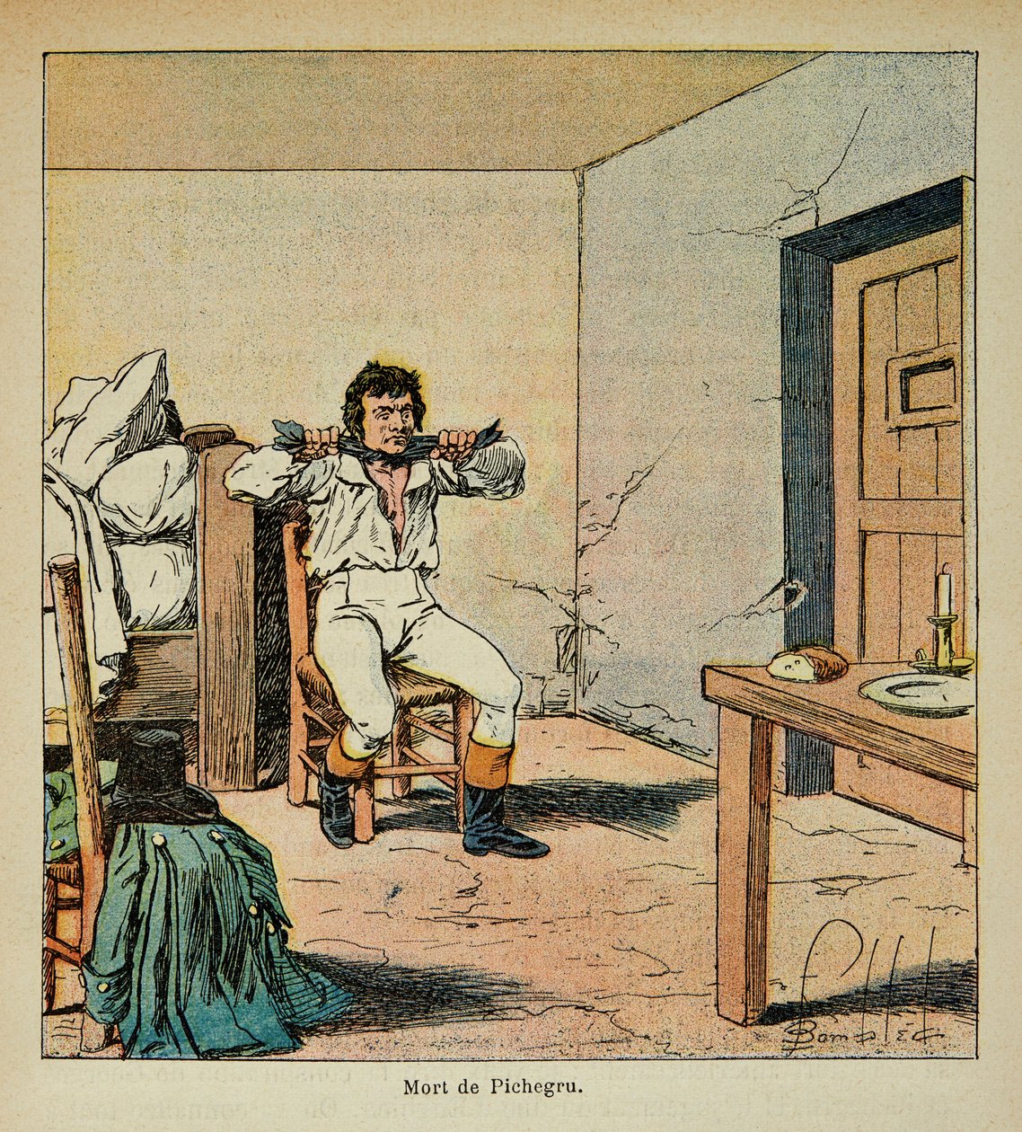 Ilustracja zbombardowanego Louisa (1862-1927) z książki „Memoriał św. Heleny” hrabiego Emmanuela de Las Cases (1766-1842): Śmierć Jeana Charlesa Pichegru (1761-1804) w jego więzieniu w 1804 r. Zbiory prywatne autorstwa Louis Charles Bombled