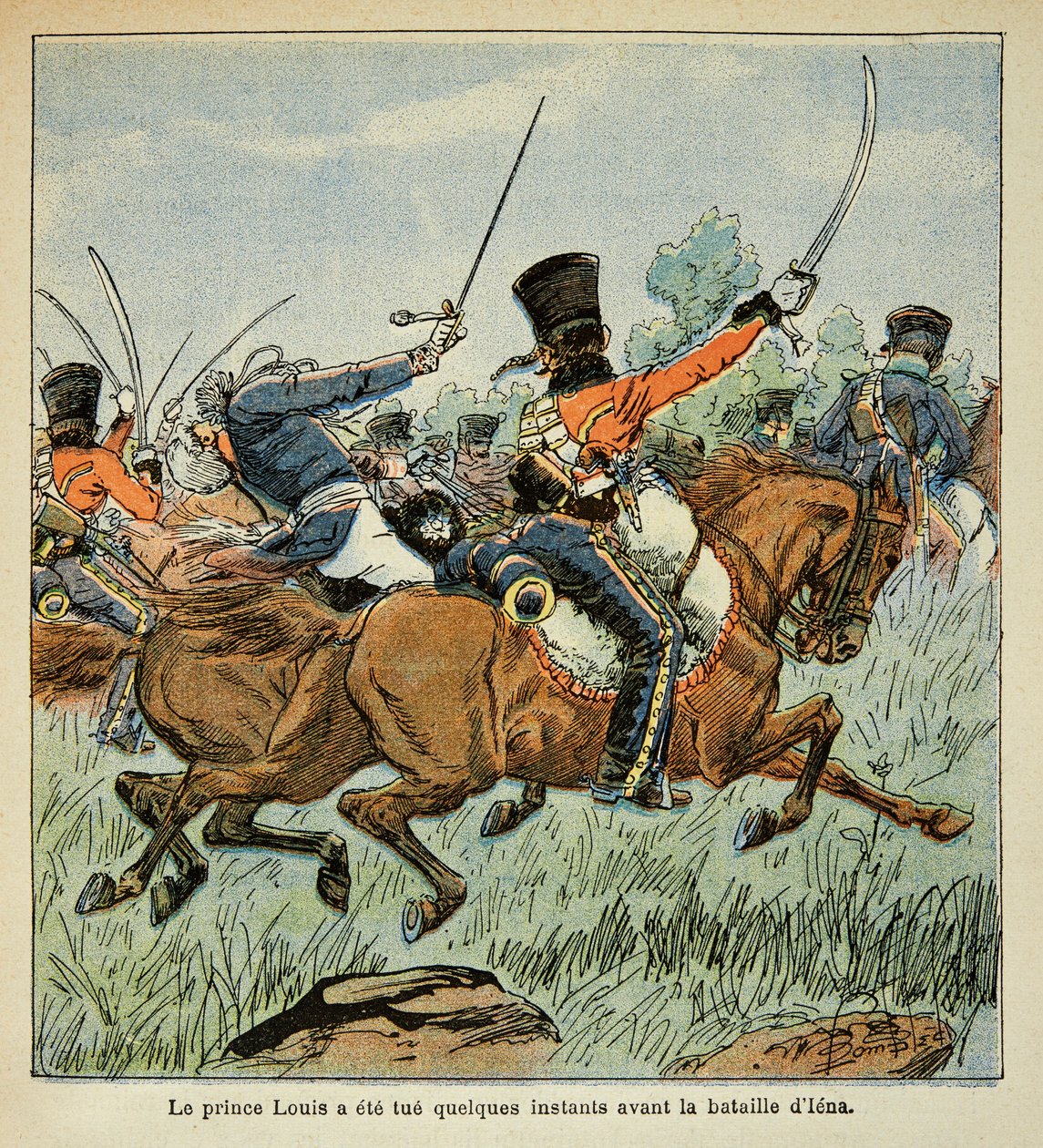 Ilustracja zbombardowanego Ludwika (1862-1927) z książki „Memoriał św. Heleny” hrabiego Emmanuela de Las Przypadki (1766-1842): Śmierć księcia Ludwika Ferdynanda z Prus (1772-1806) podczas bitwy pod Saalfeld w październiku 10 autorstwa Louis Charles Bombled