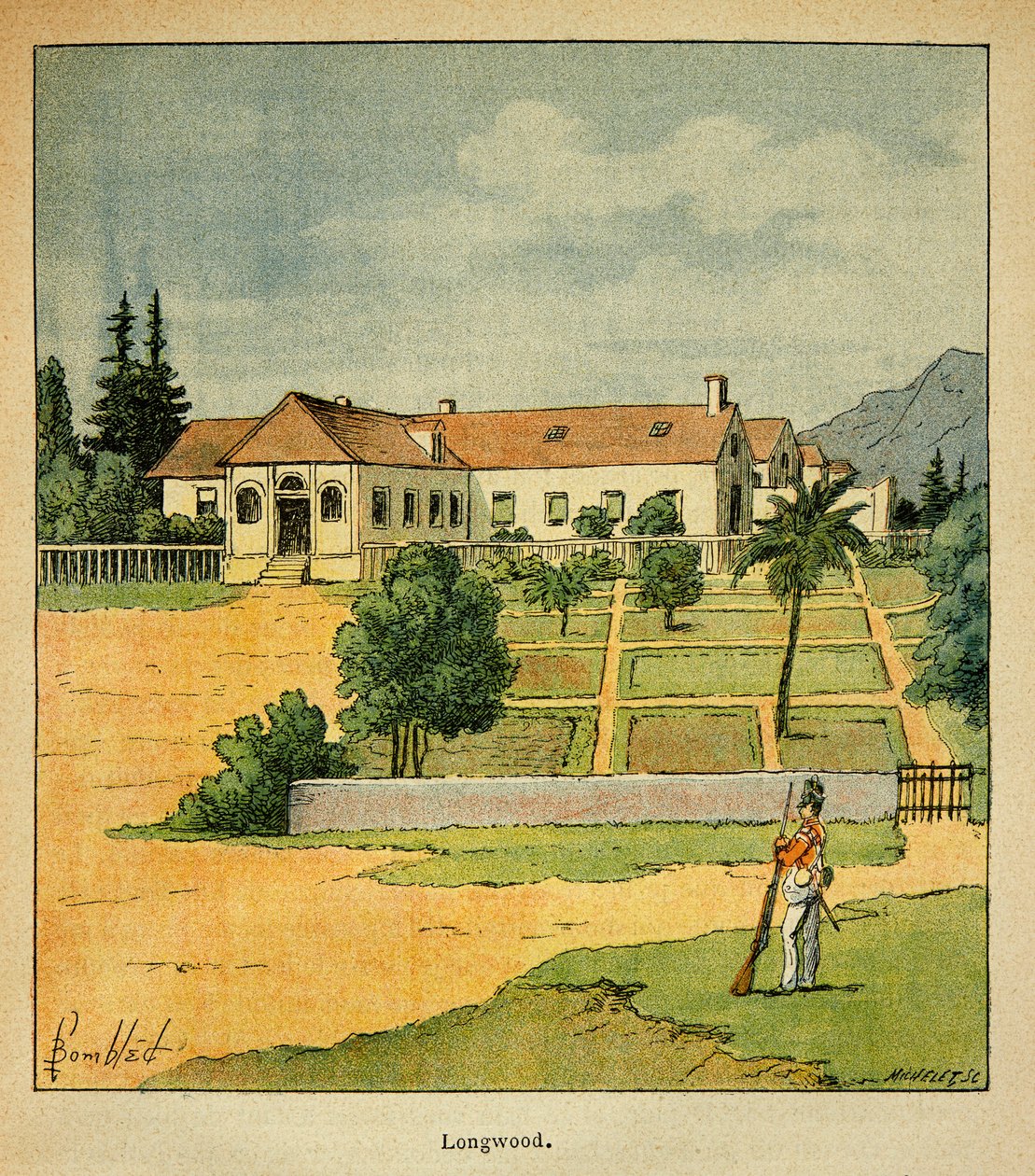 Ilustracja zbombardowanego Louisa (1862-1927) z książki „The Memorial of Saint Helene” hrabiego Emmanuela de Las Cases (1766-1842): Widok z Longwood na Ste Helene, kolekcja prywatna autorstwa Louis Charles Bombled