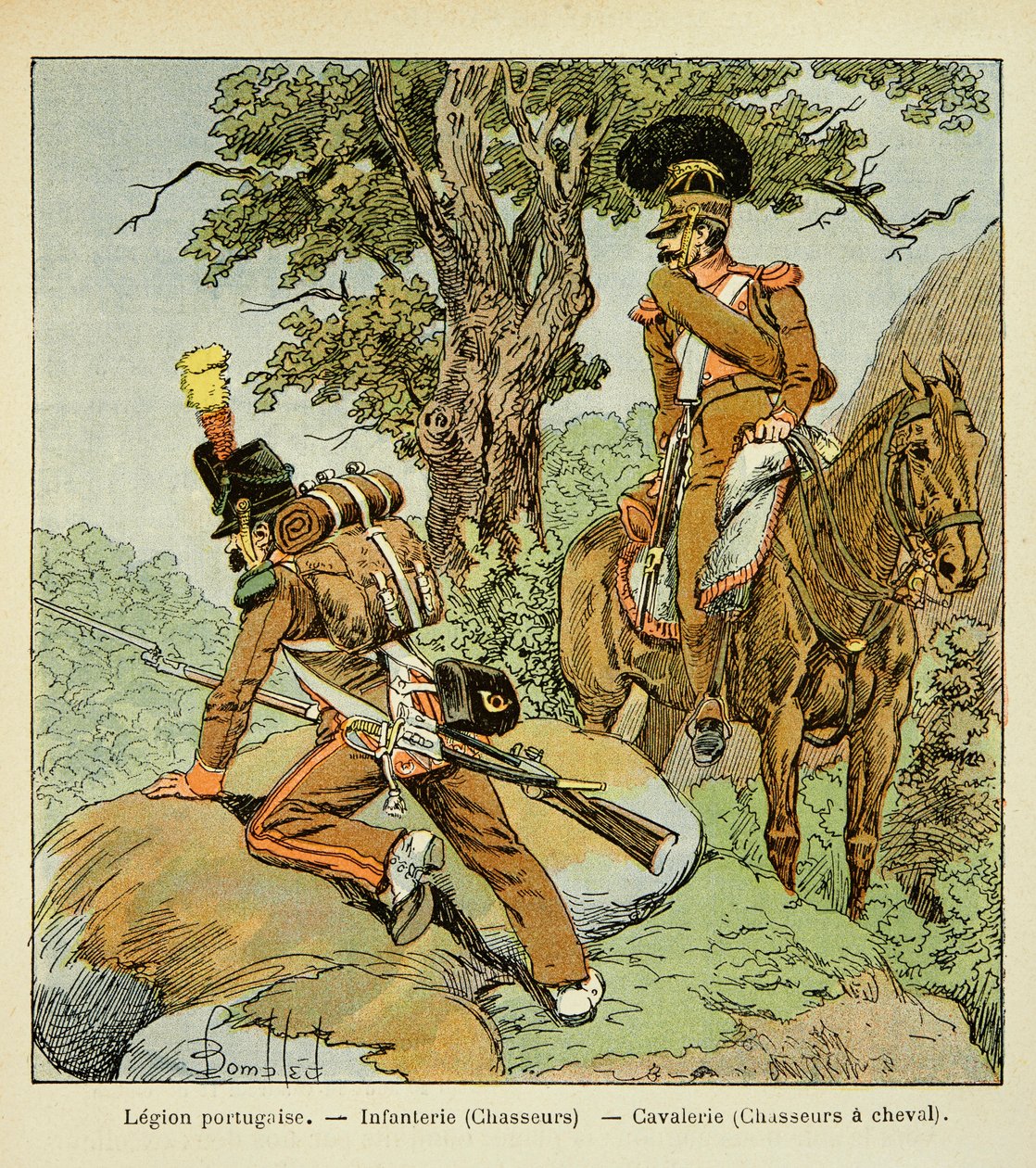 Ilustracja zbombardowanego Ludwika (1862-1927) z książki „Memoriał św. Heleny” hrabiego Emmanuela de Las Przypadki (1766-1842): Legion Portugalski: Piechota (myśliwi) i kawaleria (myśliwi na koniach), zbiory prywatne autorstwa Louis Charles Bombled