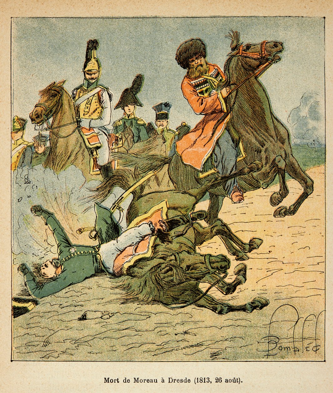 Ilustracja zbombardowanego Louisa (1862-1927) z książki „Memoriał św. Heleny” hrabiego Emmanuela de Las Przypadki (1766-1842): Śmierć generała Jean Victor Marie Moreau (1763-1813) w bitwie pod Dreznem 26 Sierpień 1813, kolekcja prywatna autorstwa Louis Charles Bombled