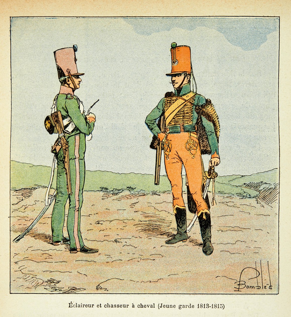 Ilustracja zbombardowanego Ludwika (1862-1927) z książki „Memoriał św. Heleny” hrabiego Emmanuela de Las Przypadki (1766-1842): Armee Francaise: Zwiadowca i łowca młodego strażnika 1813 - 1815, zbiory prywatne autorstwa Louis Charles Bombled