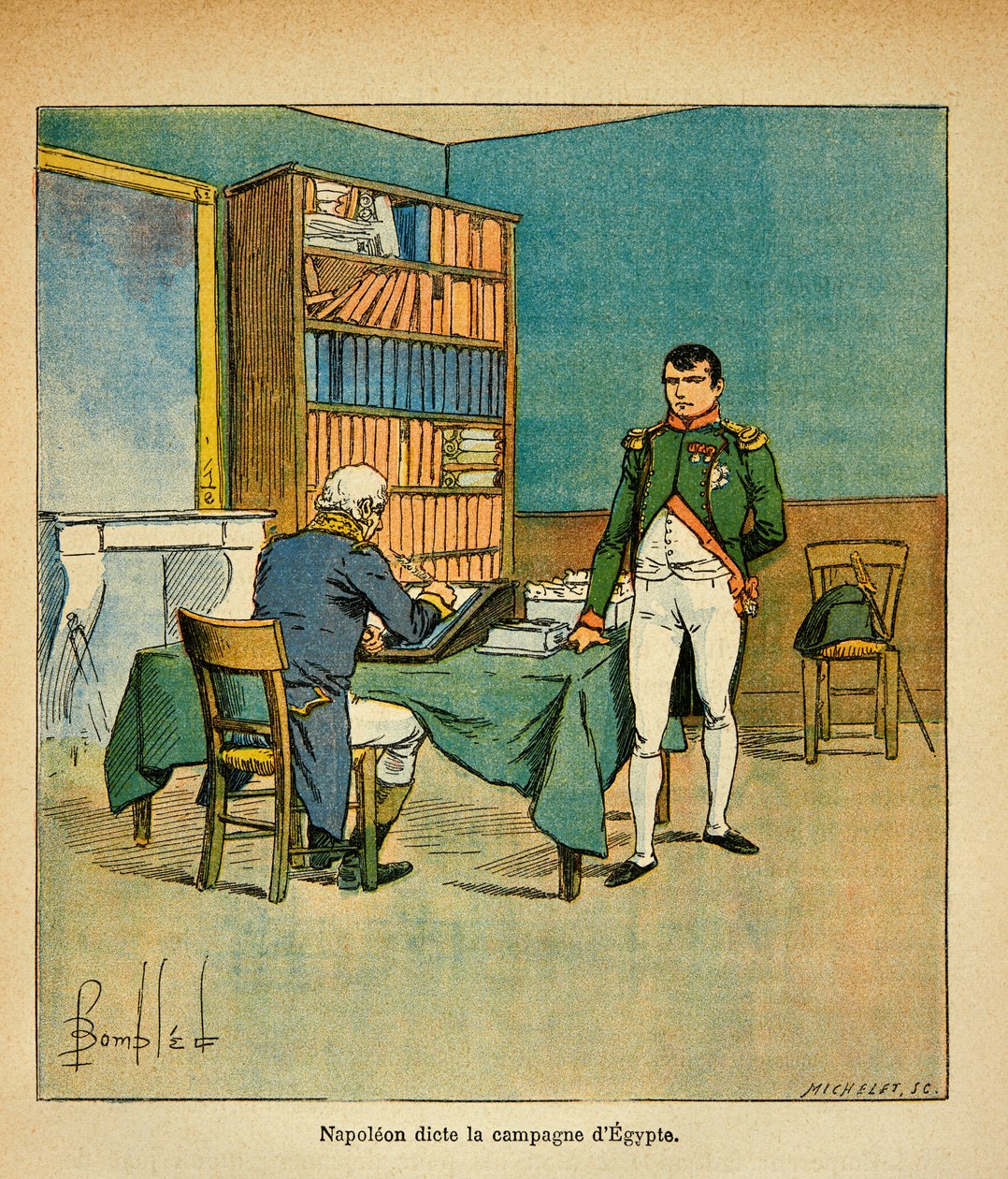 Ilustracja przedstawiająca Ludwika Bombleda (1862-1927) z książki "Memoriał Świętej Heleny" autorstwa hrabiego Emmanuela de Las Cases (1766-1842): Na wygnaniu cesarz Napoleon dyktuje swoje memoriały wielkiemu marechalowi Henri Gatien Bertrandowi (1773-1844 autorstwa Louis Charles Bombled