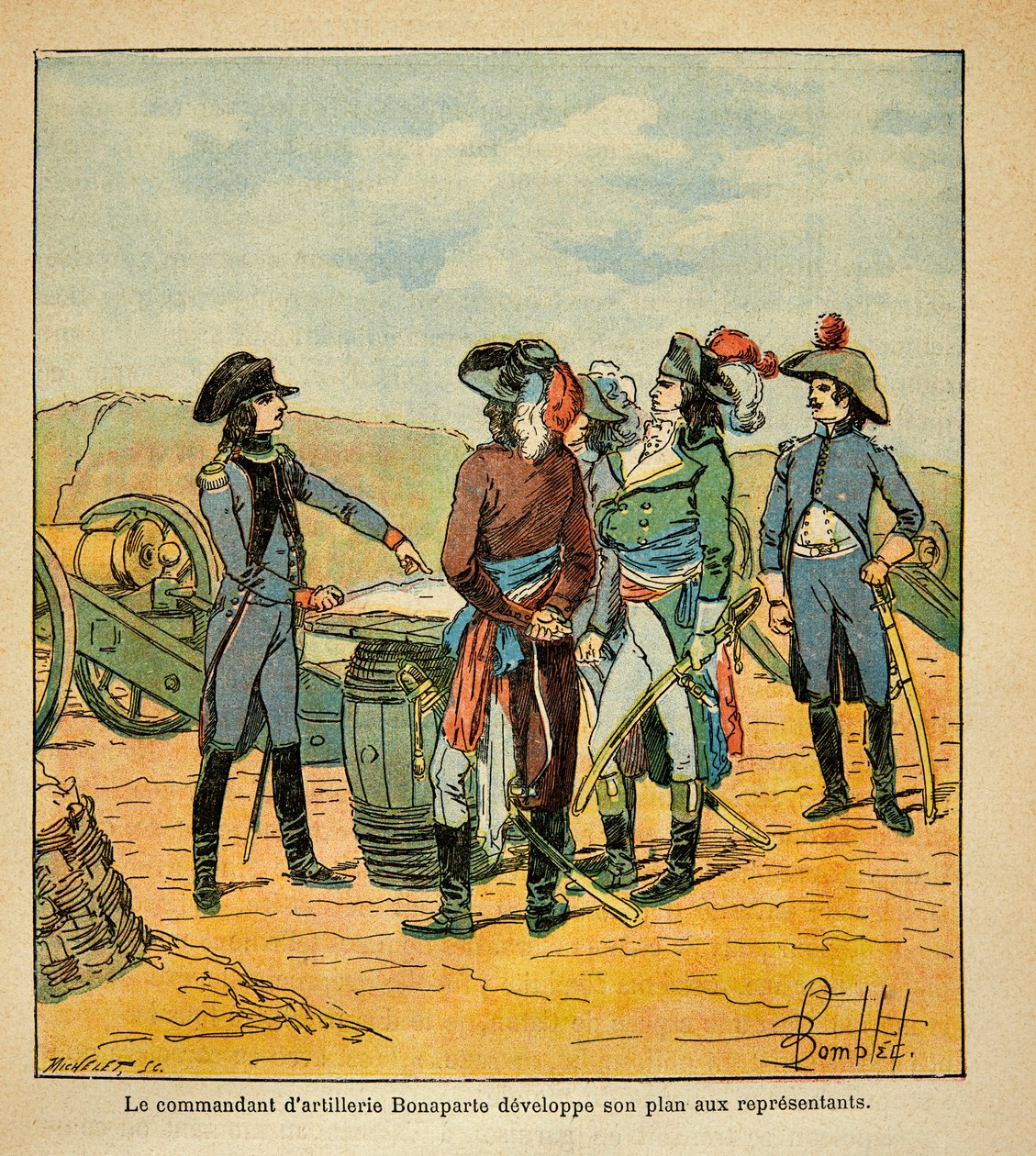 Ilustracja przedstawiająca Ludwika Bombleda (1862-1927) z książki "Pamiątka Świętej Heleny" autorstwa hrabiego Emmanuela de Las Cases (1766-1842): Napoleon Bonaparte demaskuje swój plan zdobycia Tulonu przed komisarzami Republiki, zbiory prywatne autorstwa Louis Charles Bombled