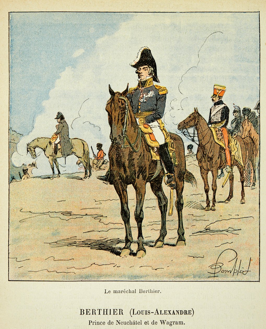Ilustracja przedstawiająca zbombardowanego Louisa (1862-1927) z książki „Memoriał św. Heleny” hrabiego Emmanuela de Las Cases (1766-1842): Portret konny marszałka Louisa Alexandre Berthier (1753-1815), księcia Neufchatel i Wagram, prywatna kolekcja autorstwa Louis Charles Bombled