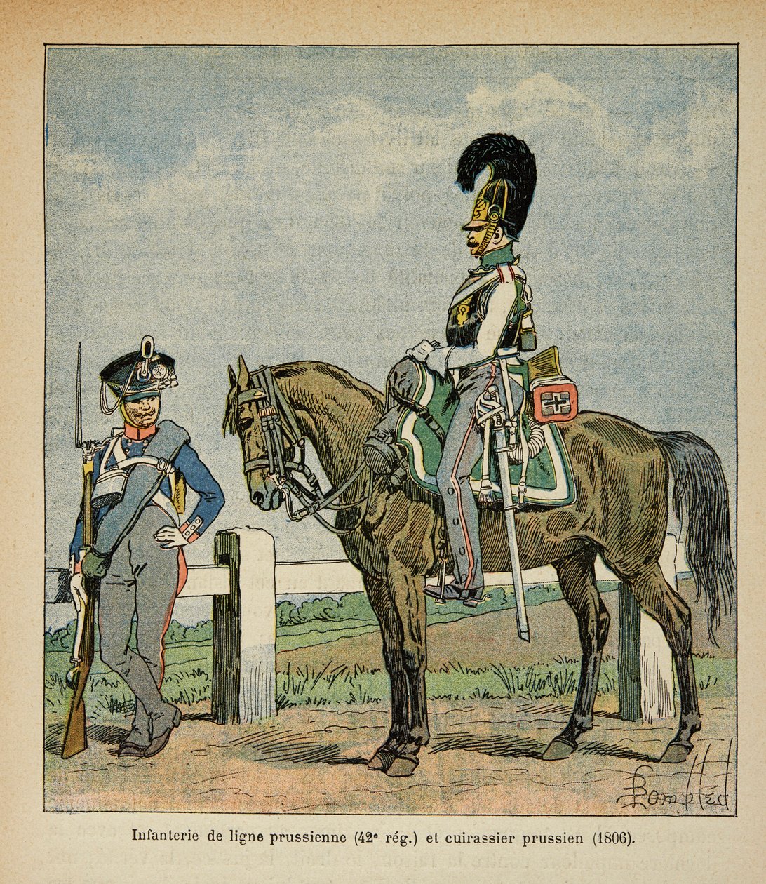 Ilustracja zbombardowanego Ludwika (1862-1927) z książki „Pomnik św. Heleny” hrabiego Emmanuela de Las Cases (1766-1842): Piechota linii pruskiej (42, pułk eme) i pruskie pancerniki autorstwa Louis Charles Bombled