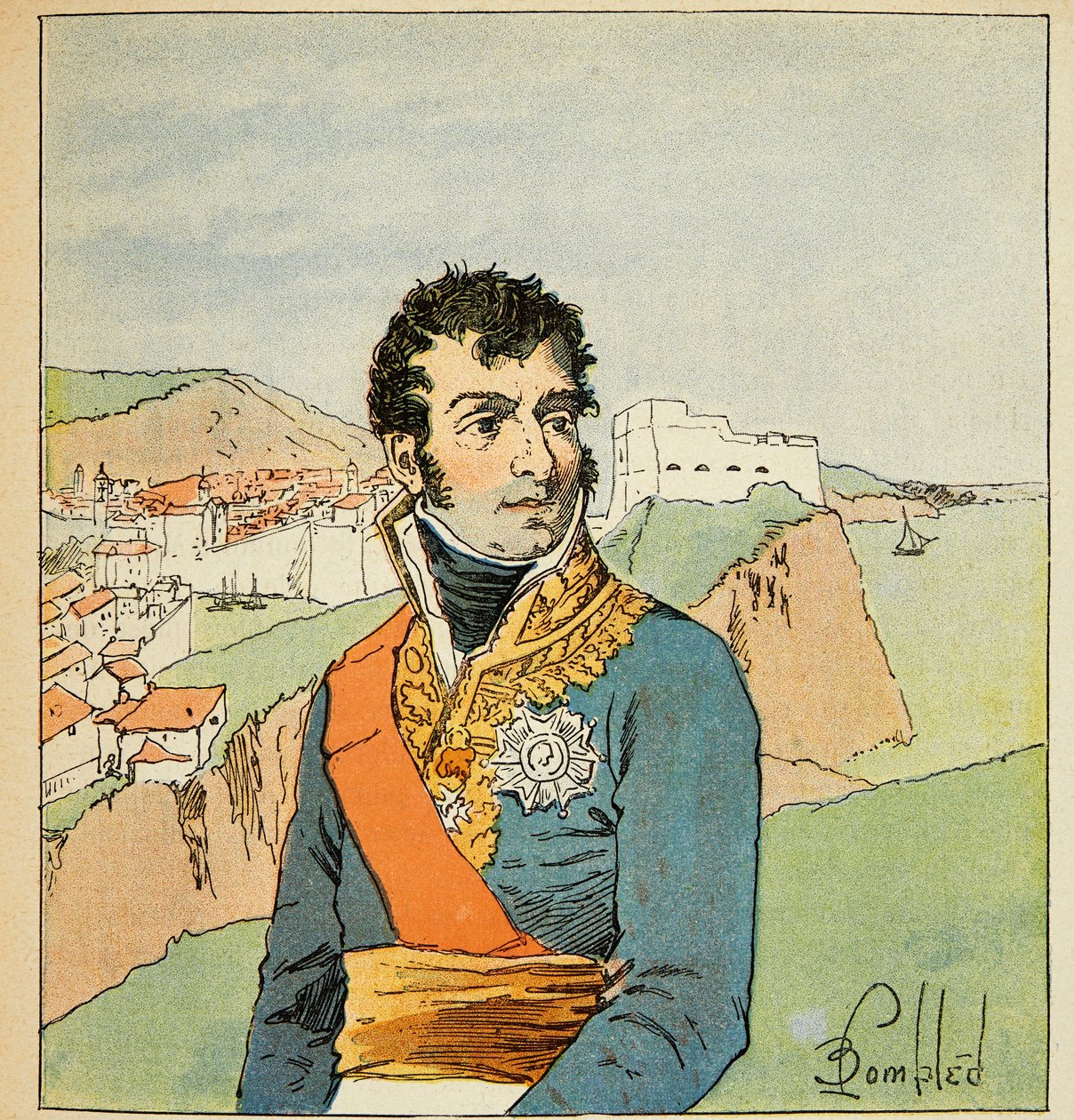 Ilustracja zbombardowanego Louisa (1862-1927) z książki „Memoriał św. Heleny” hrabiego Emmanuela de Las Cases (1766-1842): Portret marszałka Auguste Frederic Louis (Auguste-Frederic-Louis) autorstwa Viesse de Marmont ( 1774-1852), książę Raguse, Pr autorstwa Louis Charles Bombled