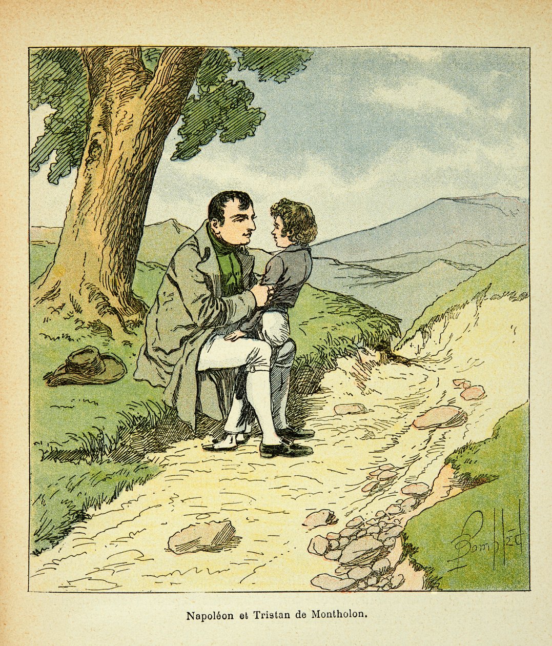 Ilustracja zbombardowanego Ludwika (1862-1927) z książki „Memoriał św. Heleny” hrabiego Emmanuela de Las Cases (1766-1842): Św. Helena, cesarz Napoleon i Tristan z Montholon, kolekcja prywatna autorstwa Louis Charles Bombled