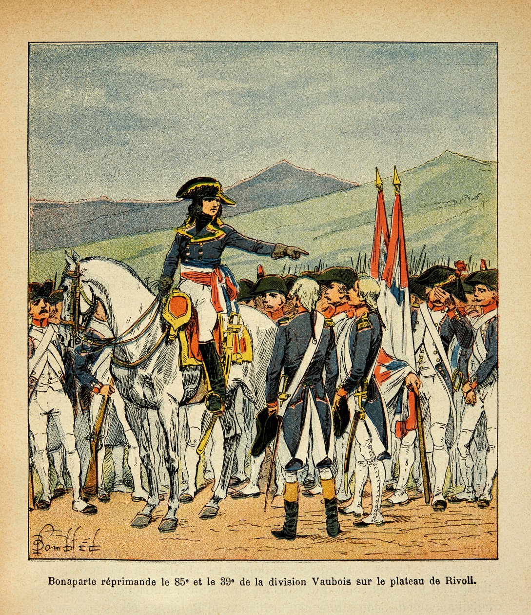 Ilustracja zbombardowanego Louisa (1862-1927) z książki „Memoriał św. Heleny” hrabiego Emmanuela de Las Cases (1766-1842): Bonaparte upomina 85 i 39 pułk Vaubois na płaskowyżu Rivoli, kolekcja prywatna autorstwa Louis Charles Bombled