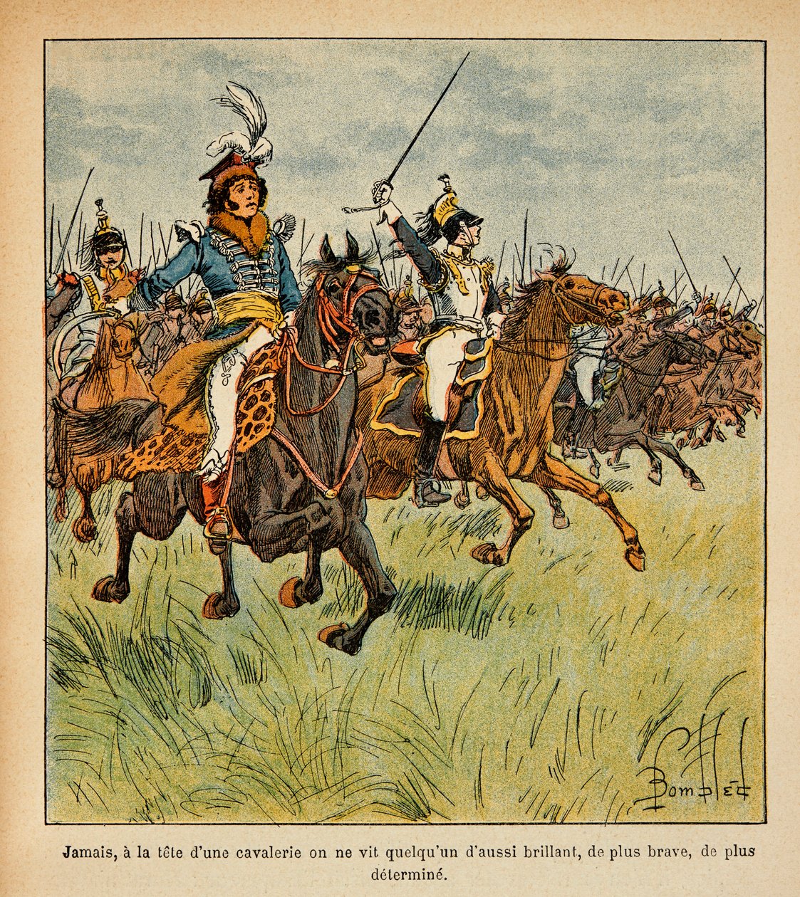 Ilustracja zbombardowanego Louisa (1862-1927) z książki „Memoriał św. Heleny” hrabiego Emmanuela de Las Cases (1766-1842): Joachim Murat (1767-1815) ładujący się na czele swojej kawalerii, zbiory prywatne autorstwa Louis Charles Bombled