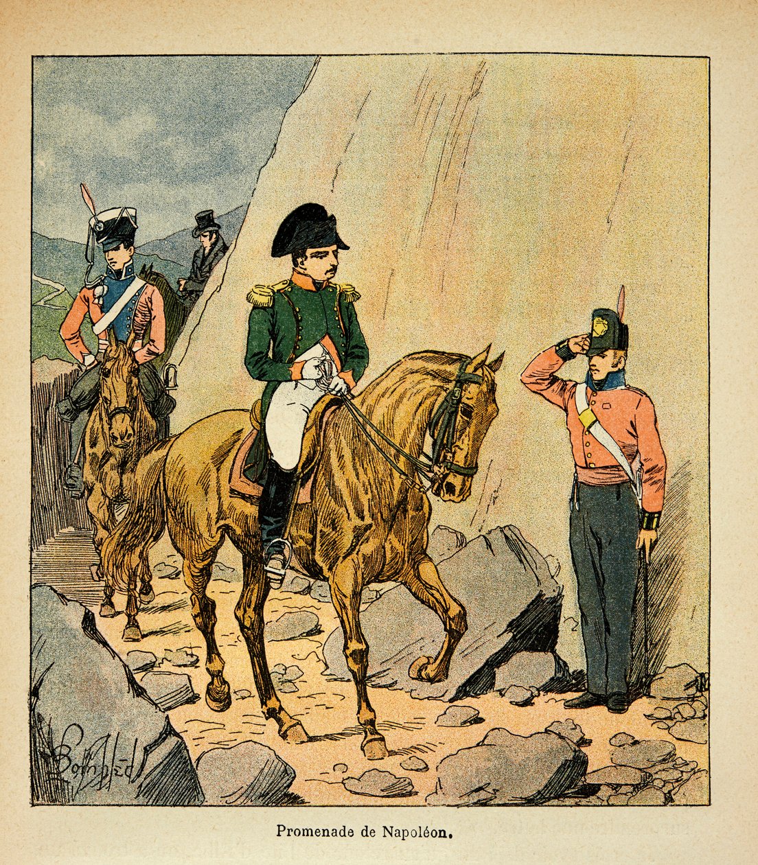 Ilustracja zbombardowanego Ludwika (1862-1927) z książki „Memoriał św. Heleny” hrabiego Emmanuela de Las Cases (1766-1842): Promenada cesarza Napoleona do św. Heleny, kolekcja prywatna autorstwa Louis Charles Bombled