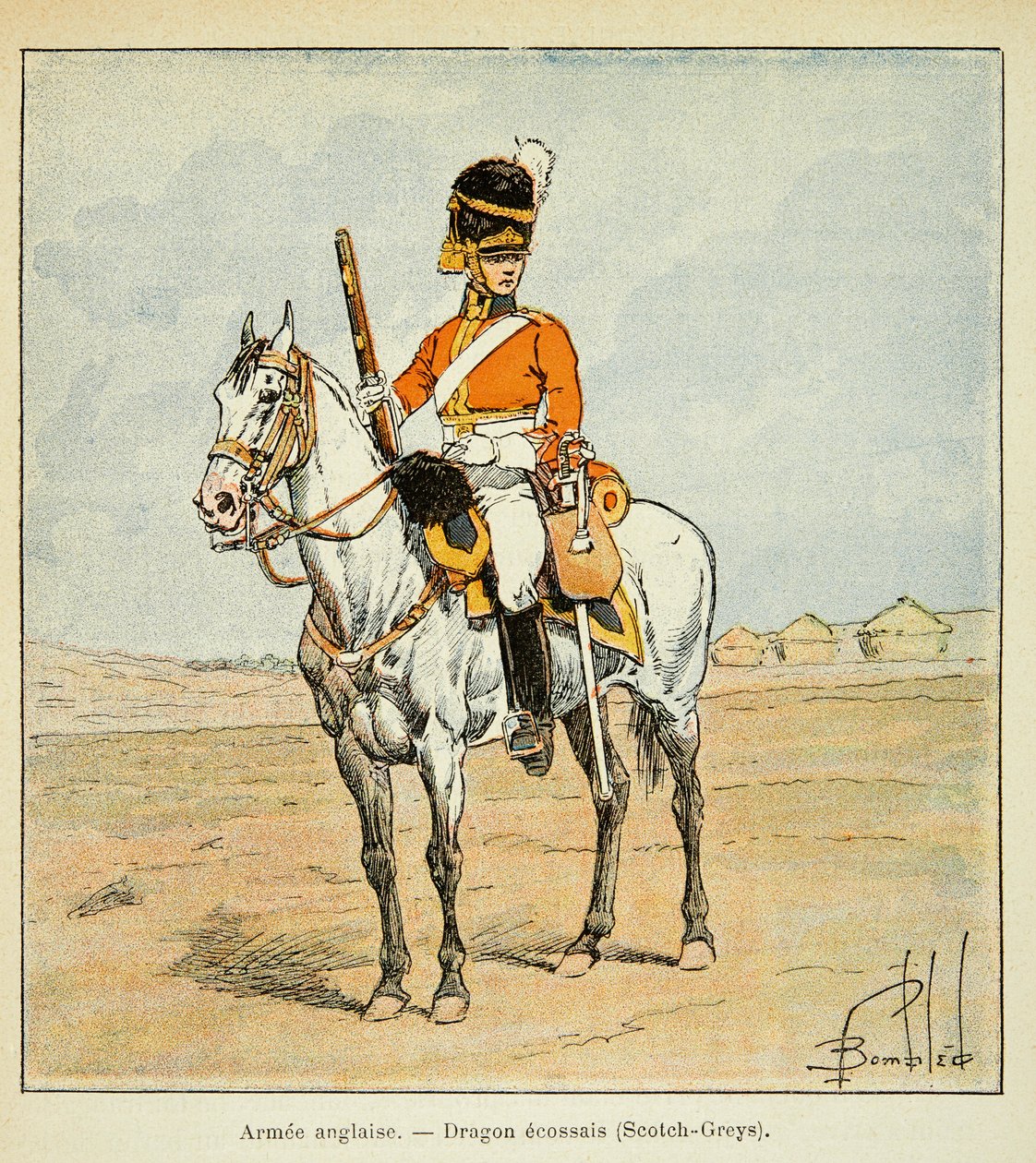 Ilustracja zbombardowanego Louisa (1862-1927) z książki „The Memorial of Saint Helene” hrabiego Emmanuela de Las Cases (1766-1842): English Armee: Scottish Dragons (scotch greys), kolekcja prywatna autorstwa Louis Charles Bombled