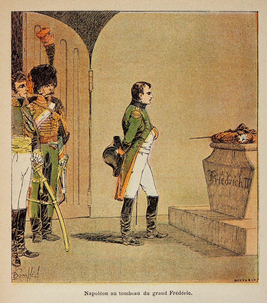 Ilustracja zbombardowanego Ludwika (1862-1927) z książki „Pomnik św. Heleny” hrabiego Emmanuela de Las Cases (1766-1842): Napoleon medytujący nad trumną Fryderyka II Pruskiego w krypcie GarnisonKirche w Poczdamie w 1806, prywatna kolekcja autorstwa Louis Charles Bombled