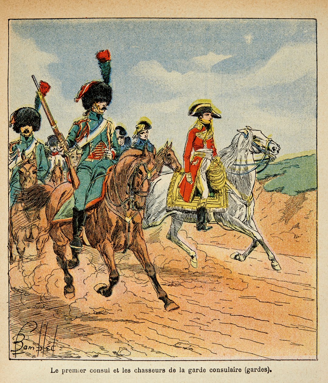 Ilustracja zbombardowanego Louisa (1862-1927) z książki „The Memorial se Sainte Helene” hrabiego Emmanuela de Las Cases (1766-1842): The First Consul and Hunters of the Consular Guard, Private Collection autorstwa Louis Charles Bombled