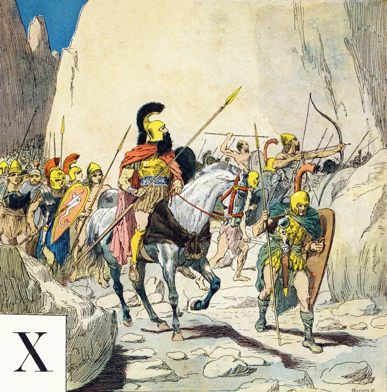 Litera X: Ksenofont (430-355 pne), grecki dowódca wojskowy i jego armia, „Je serai soldat” (Będę żołnierzem) - Alfabet wojskowy autorstwa Louis Charles Bombled