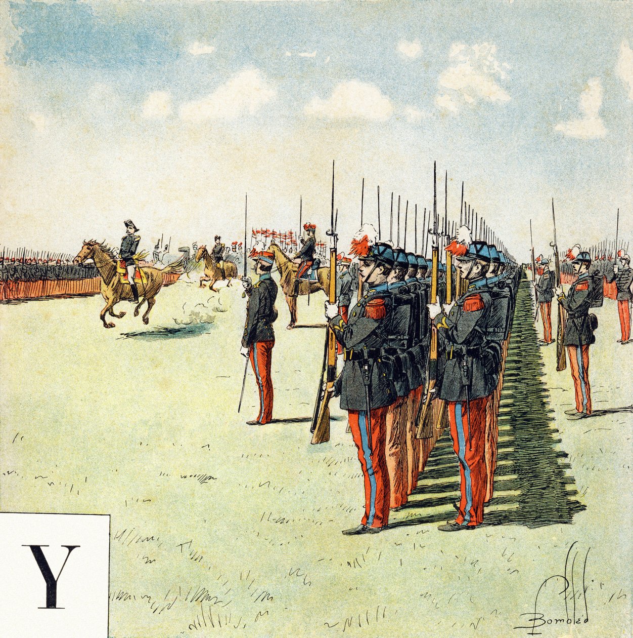 Litera Y: uczniowie szkoły wojskowej Saint Cyr (Saint-Cyr), „Je serai soldat”( Będę żołnierzem) - Alfabet wojskowy autorstwa Louis Charles Bombled
