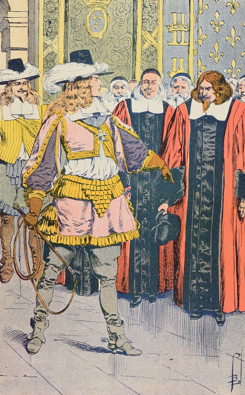 Ludwik XIV z wizytą we francuskim parlamencie, ilustracja z „Histoire de France” Julesa Micheleta, ok. 1900 autorstwa Louis Charles Bombled