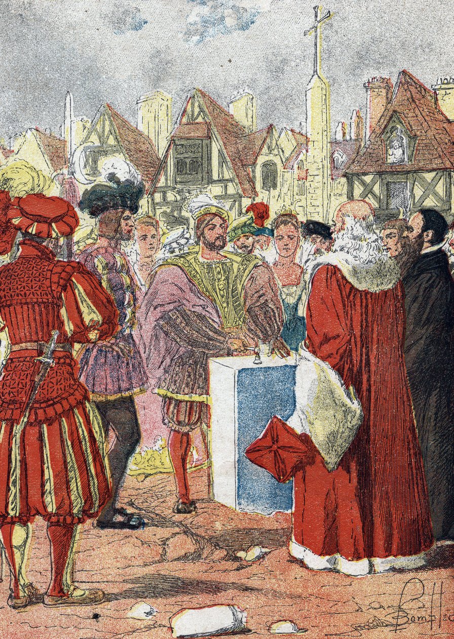 Pozowanie przez króla Francji Franciszka I z pierwszego kamienia Hotelu de Ville de Paris narysowanego przez włoskiego architekta Boccadora autorstwa Louis Charles Bombled