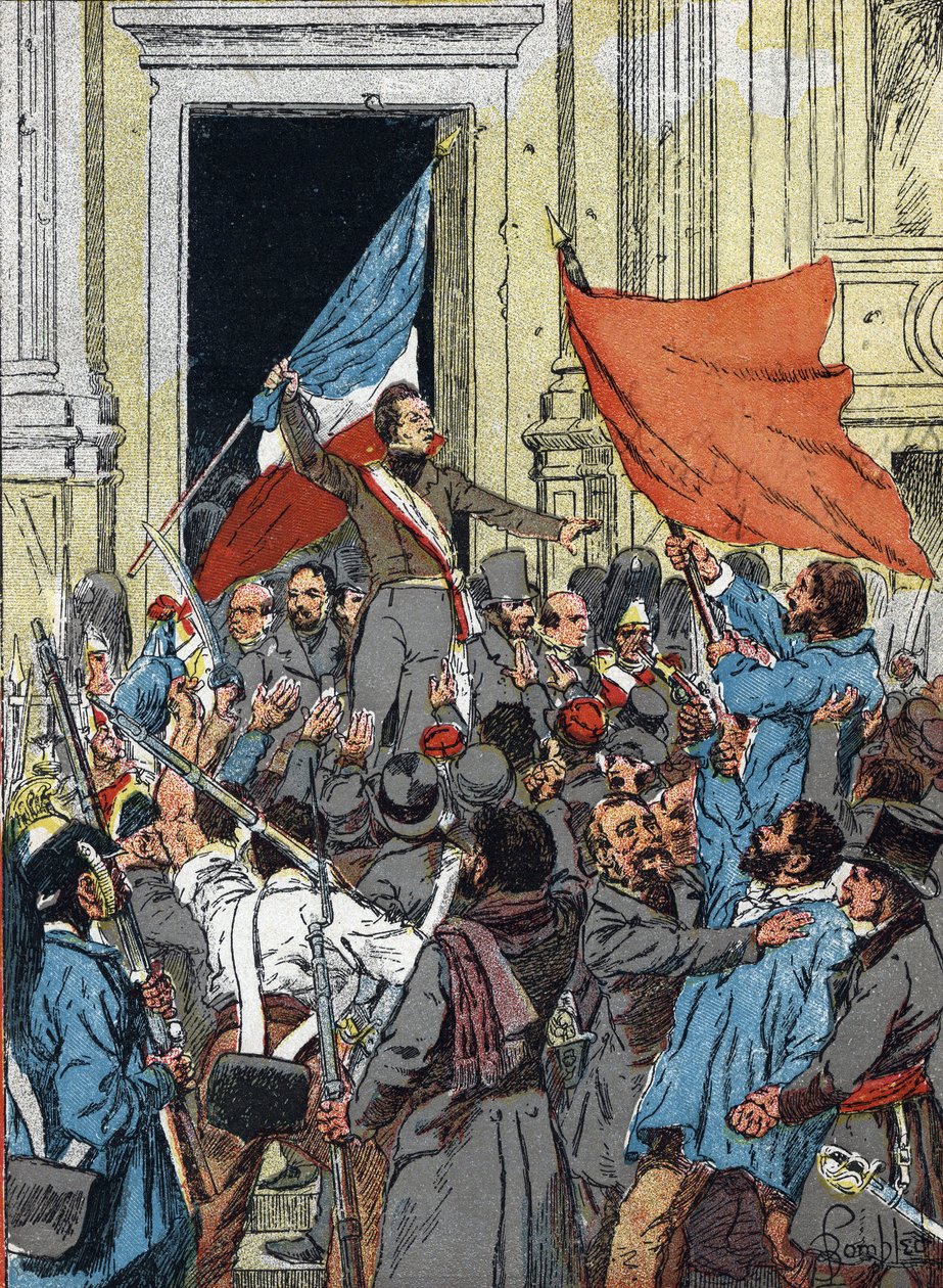 Proklamacja II Republiki, Rewolucja 1848: Alphonse de Lamartine (1790-1869), odrzucający czerwoną flagę jako godło Republiki i preferujący flagę trójkolorową, podczas przemówienia w Ratuszu Paryża, 25 lutego autorstwa Louis Charles Bombled