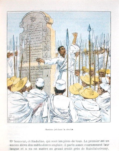Czarownicy głoszący bunt przeciwko Francji po francuskiej okupacji Madagaskaru w 1895 r., ilustracja z „La guerre a Madagascar” D.H.Galli, koniec XIX wieku (kolor lito) autorstwa Louis Charles Bombled